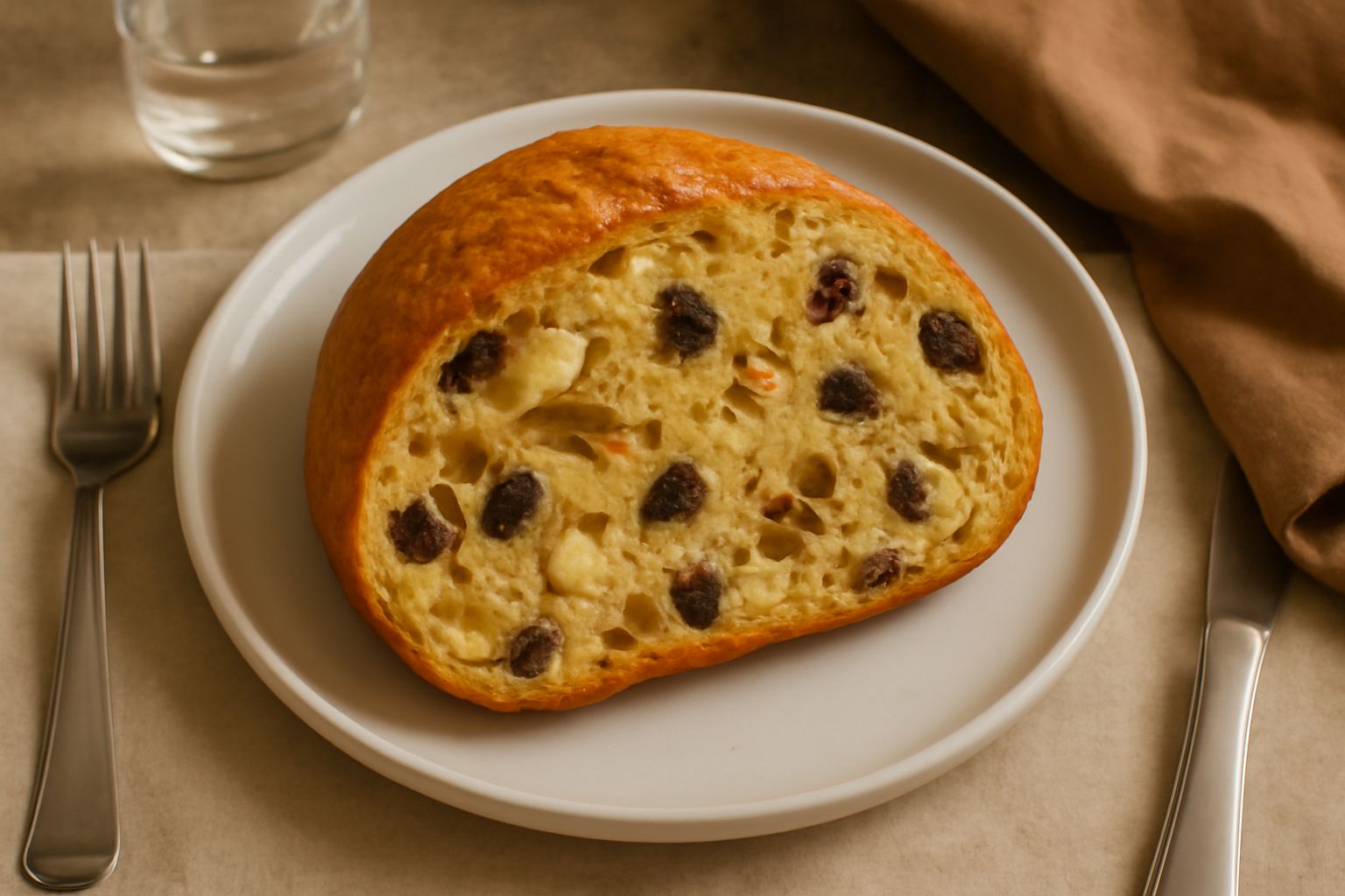 Pane cun meli affettato su tavolo di legno, con mele fresche intere accanto, noci sparse e uvetta visibile nella mollica gialla-dorata