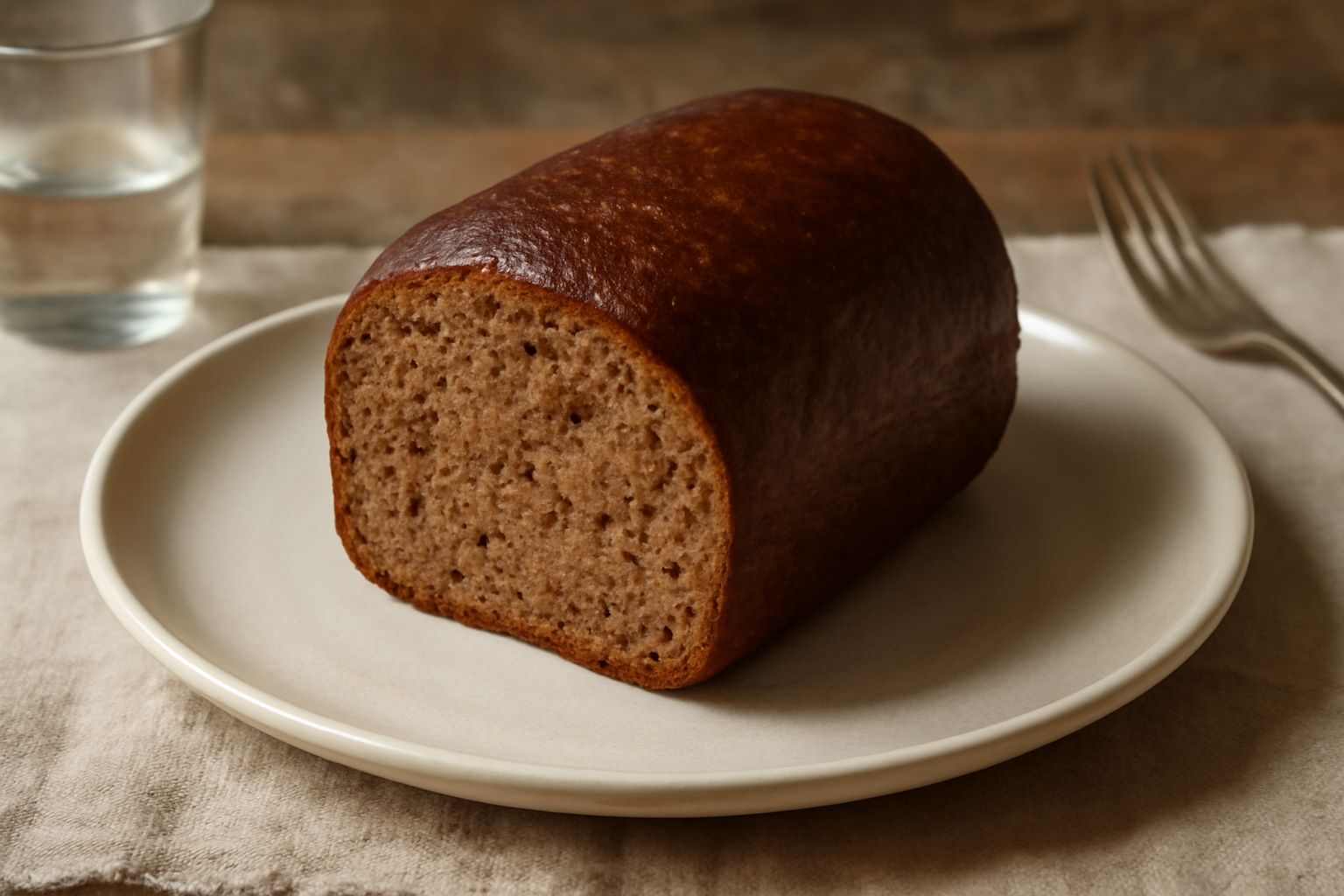 Pane scuro dorato su tavolo di legno, tagliato a fette, che mostra interno morbido e uniforme con leggera patina lucida dalla saba, accanto a un bicchiere di saba color ambra