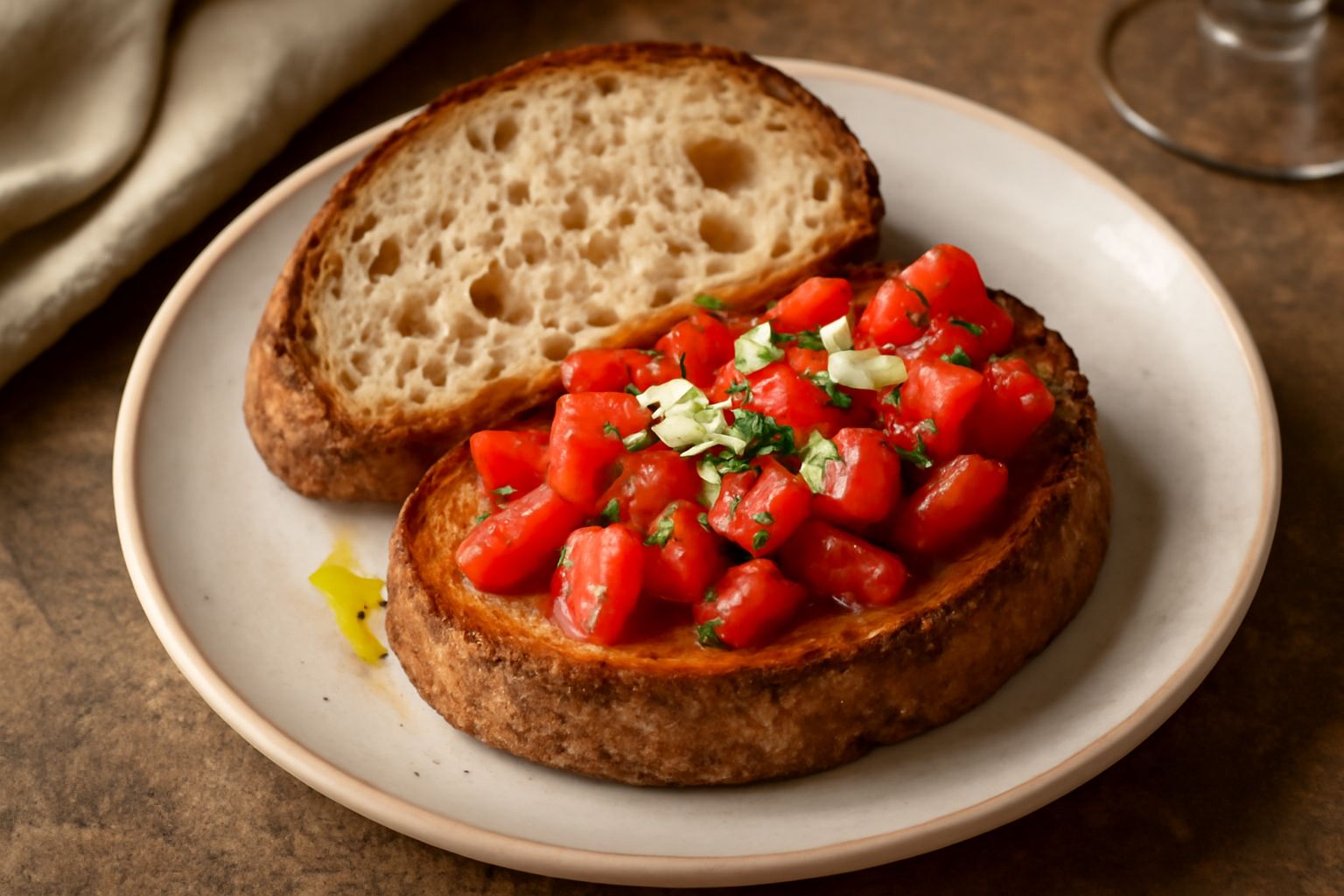 Pane cuntzadu tagliato a fette, color nocciola con crosta dorata, aromatico, con semi di anice visibili sulla superficie, servito su un tavolo di legno rustico