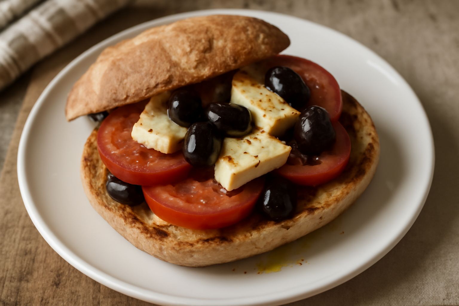 Pane cunzato tagliato a metà mostra il ripieno di pomodori rossi, formaggio bianco, olive nere e olio dorato, poggiato su carta da forno