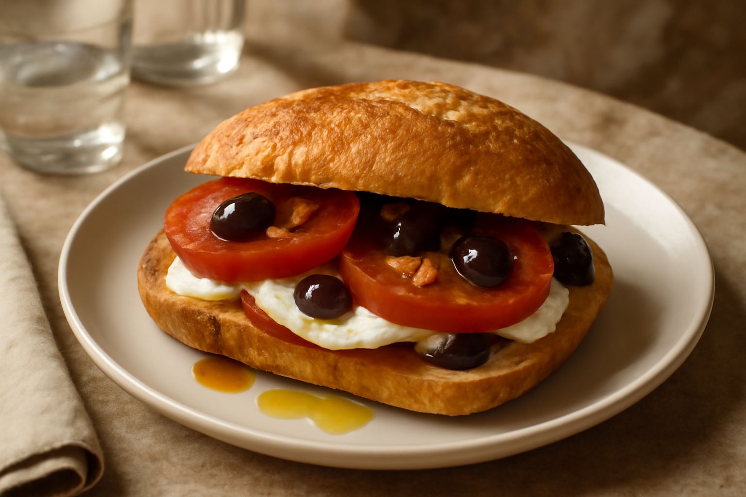 Panino di pane cunzatu spezzato a metà, ripieno di pomodori rossi, formaggio bianco e verdure, su una tavola di legno con olio d'oliva in bottiglia sullo sfondo