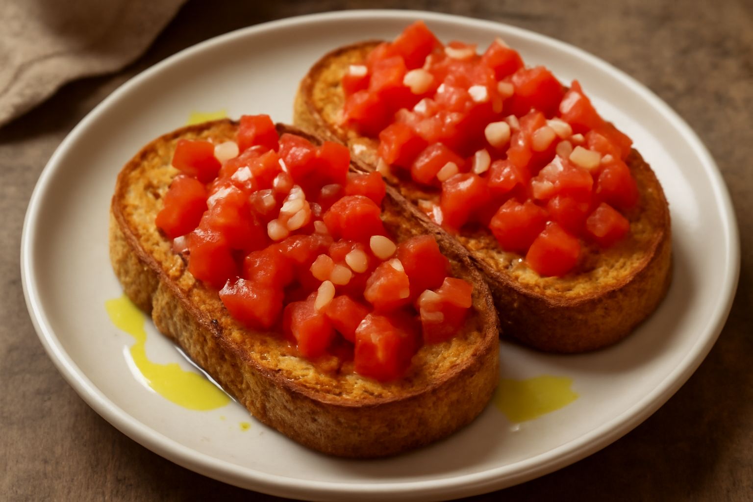 Pane cunzatu ca' pomodoro su un piatto bianco: fette di pane abbrustolito coperte di pomodori rossi a dadini, aglio affettato e olio verde brillante, con basilico fresco