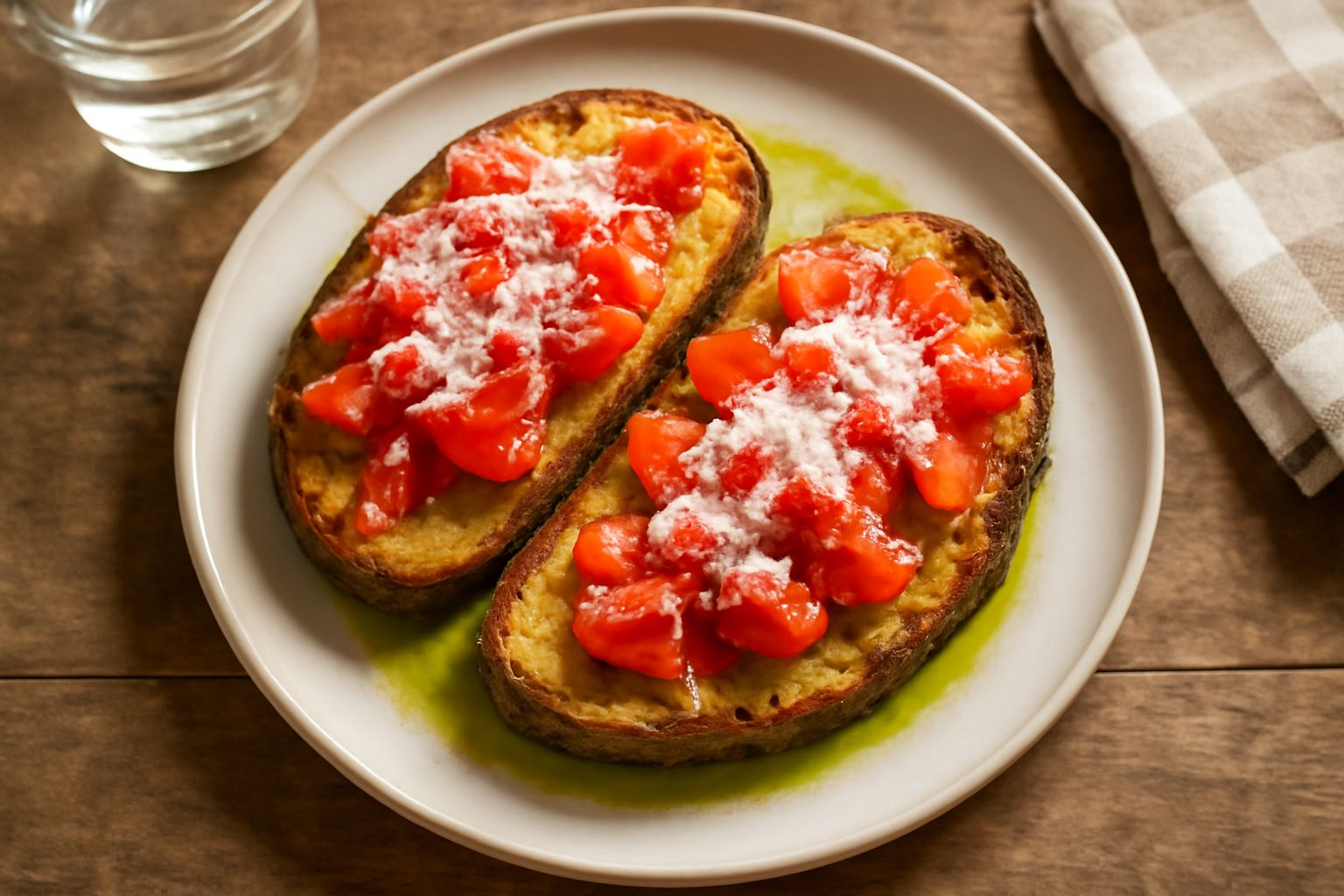 Fette di pane scuro tostato condite con olio verde, pomodoro rosso fresco, formaggio bianco grattugiato e acciughe saline, servite in un piatto bianco con erbe aromatiche