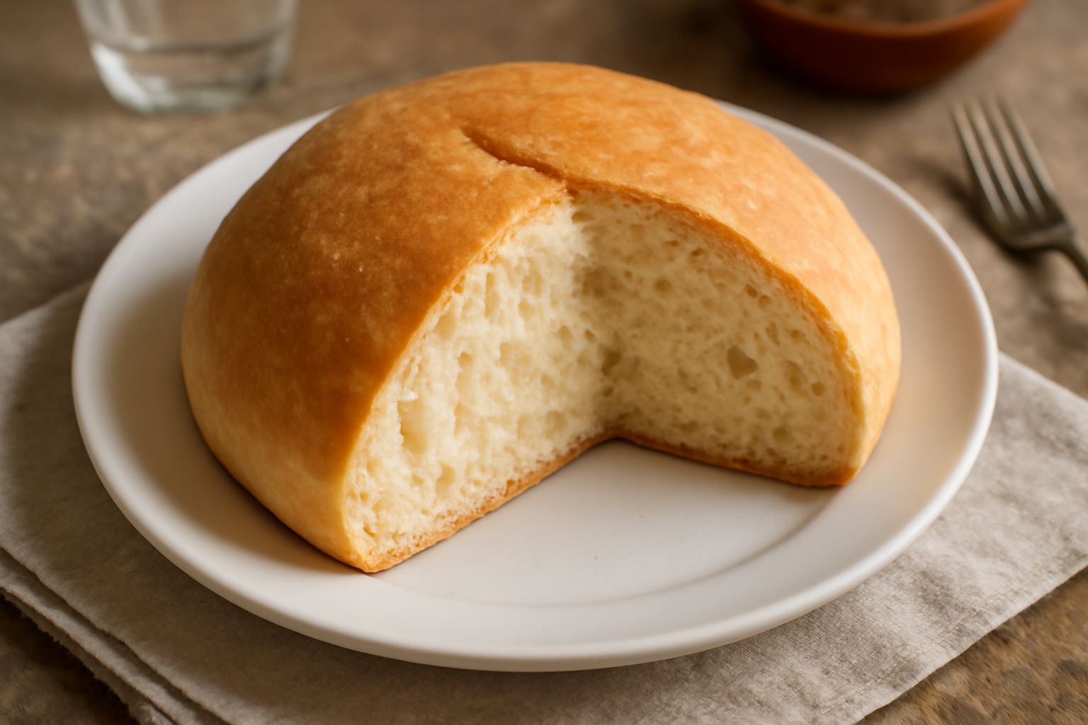 Pane cuscinzadu toscano di forma tonda, con crosta dorata sottile e miga bianca visibile dal taglio netto, appoggiato su un canovaccio bianco