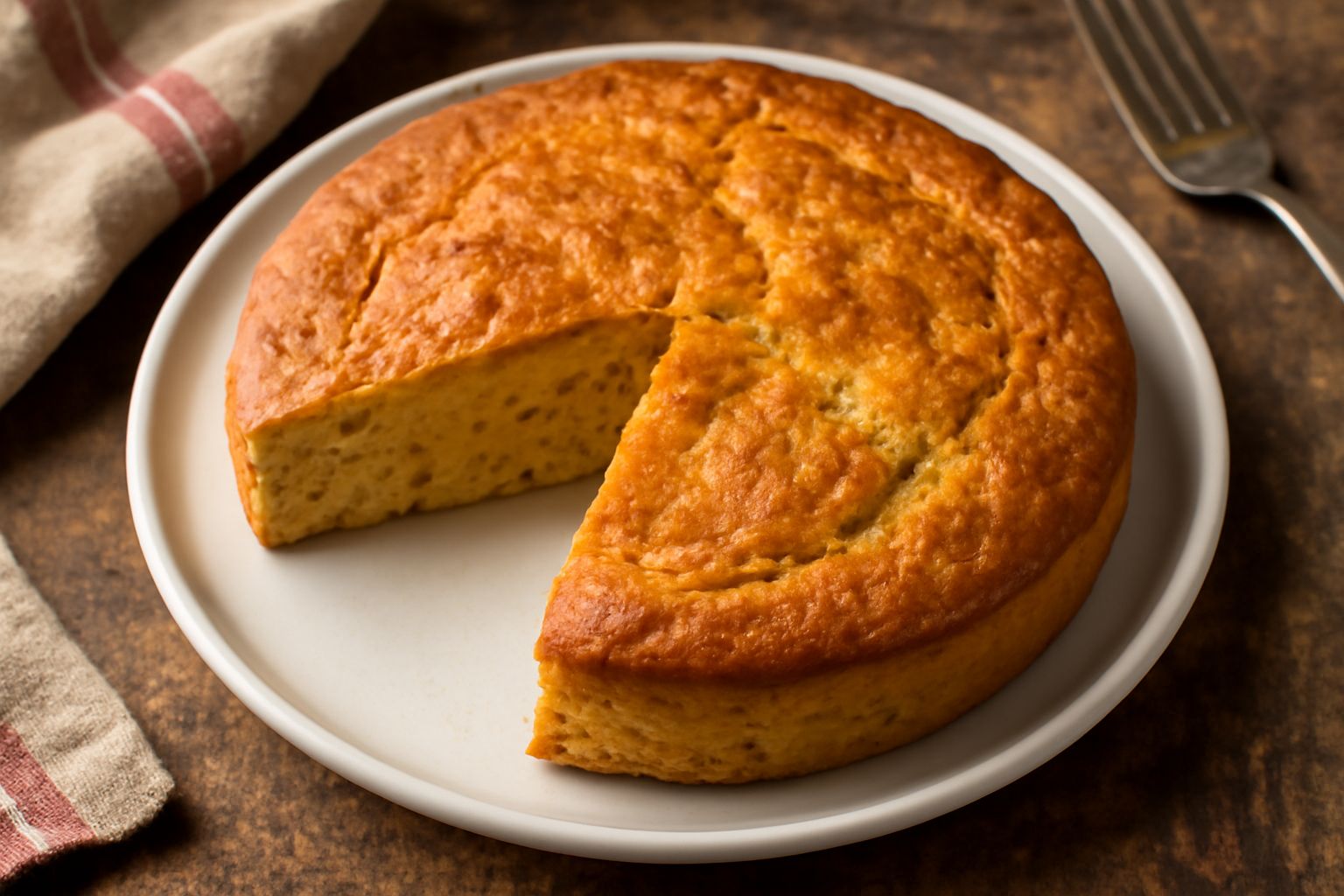 Pane di ceci dorato e croccante in sezione, con miga densa e soffice di colore giallo-beige, su un tavolo di legno con spighe di grano