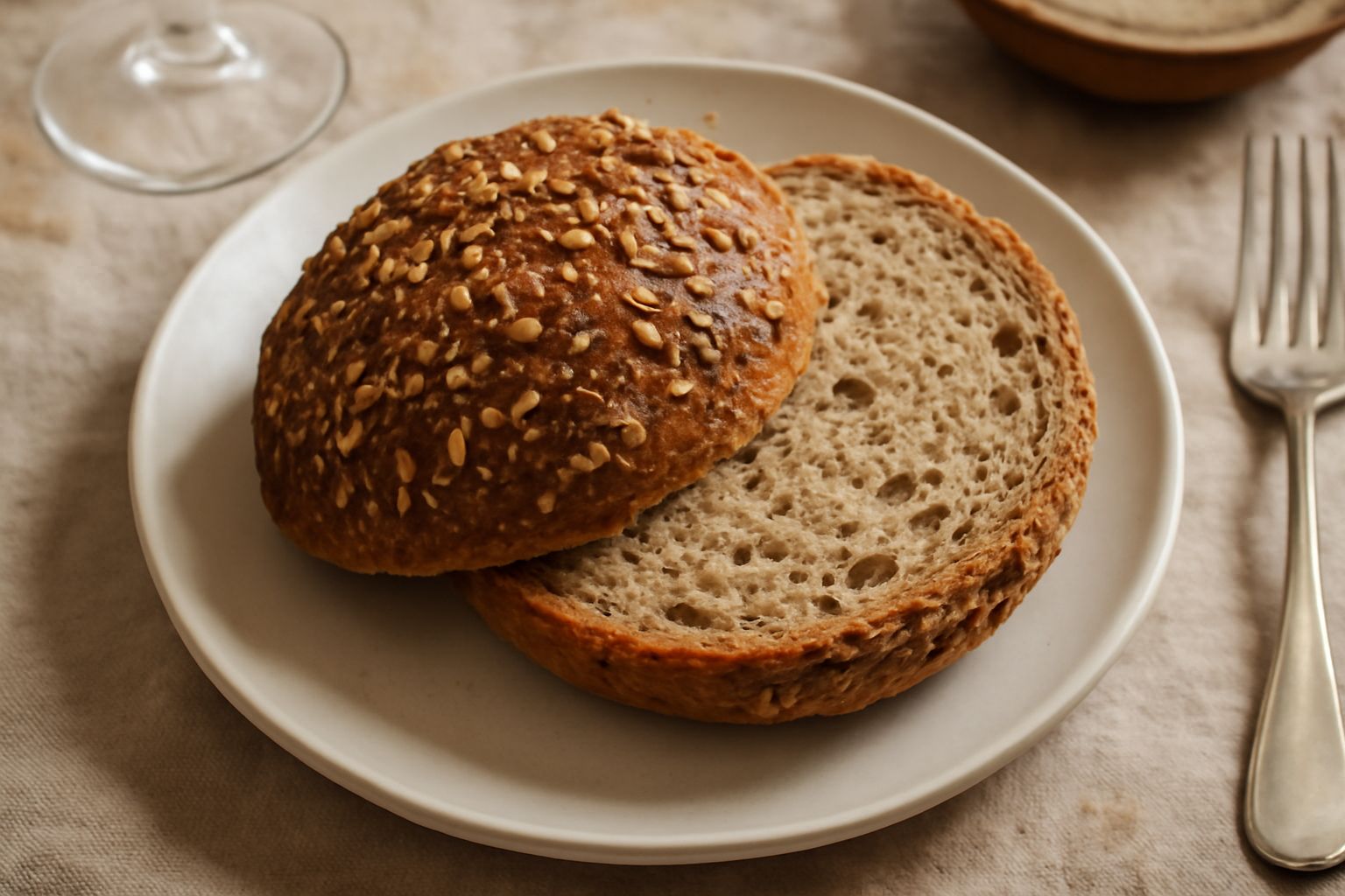 Pane di grana tondo appena sfornato con crosta color nocciola scuro, ricoperto di semi di sesamo e girasole visibili sulla superficie, affettato a metà mostrando una mollica beige chiara con buchi reg