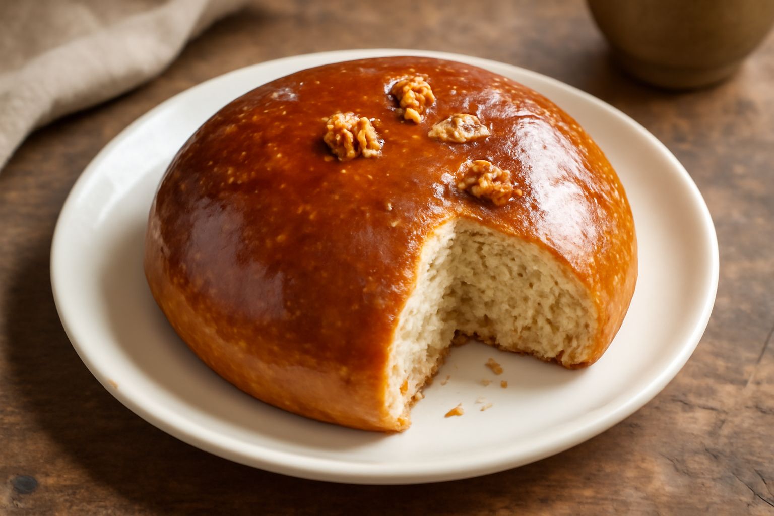 Pane de mellus tagliato a fette, con crosta dorata e superfice lucida dal miele, noci visibili dentro la mollica, posato su un piatto di ceramica bianca con sfondo rustico