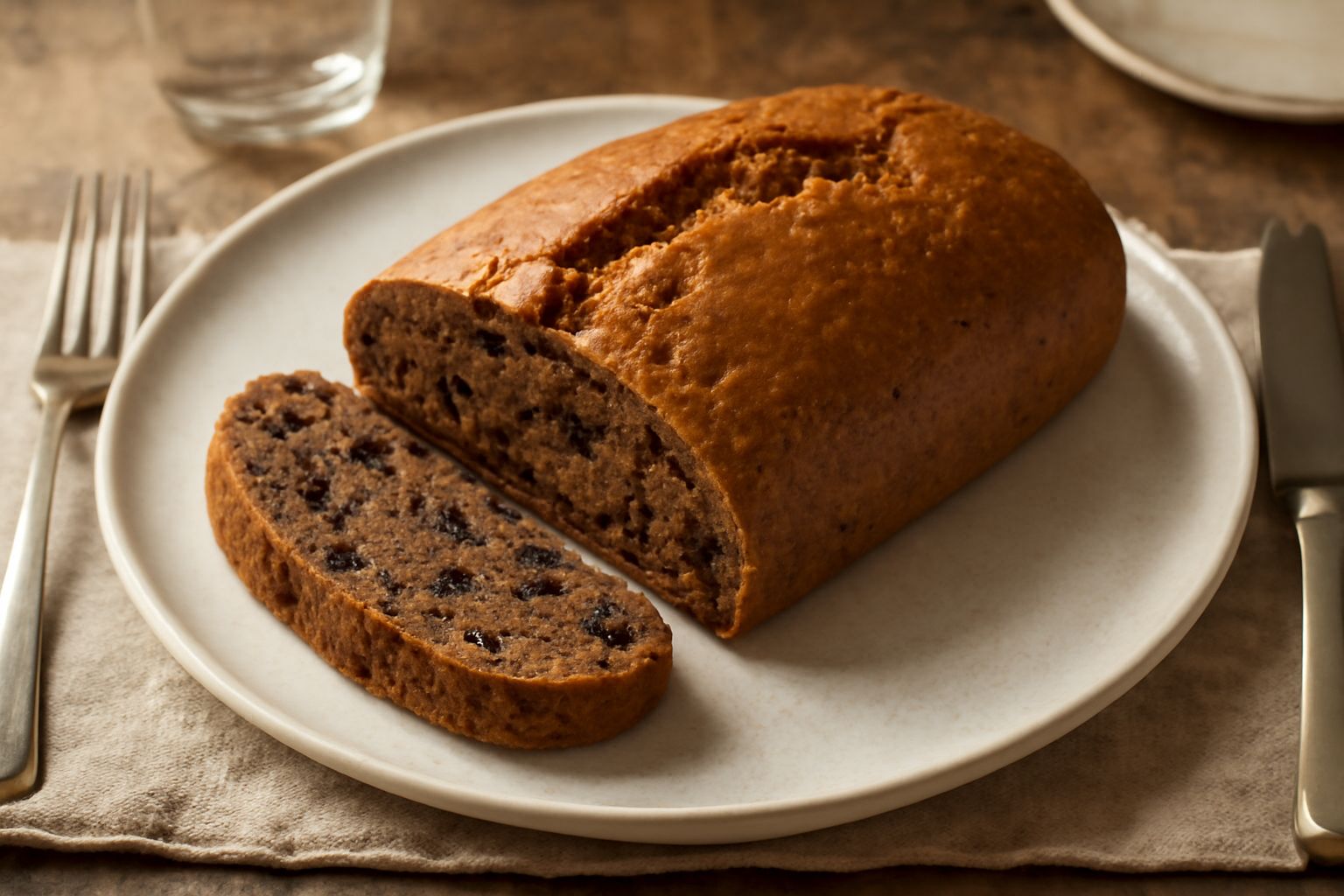 Pane de sapa affettato su un piatto bianco, dalla crosta dorata e screpolata, con noci e mandorle visibili nell'impasto, accanto a un cucchiaio di legno con mosto cotto