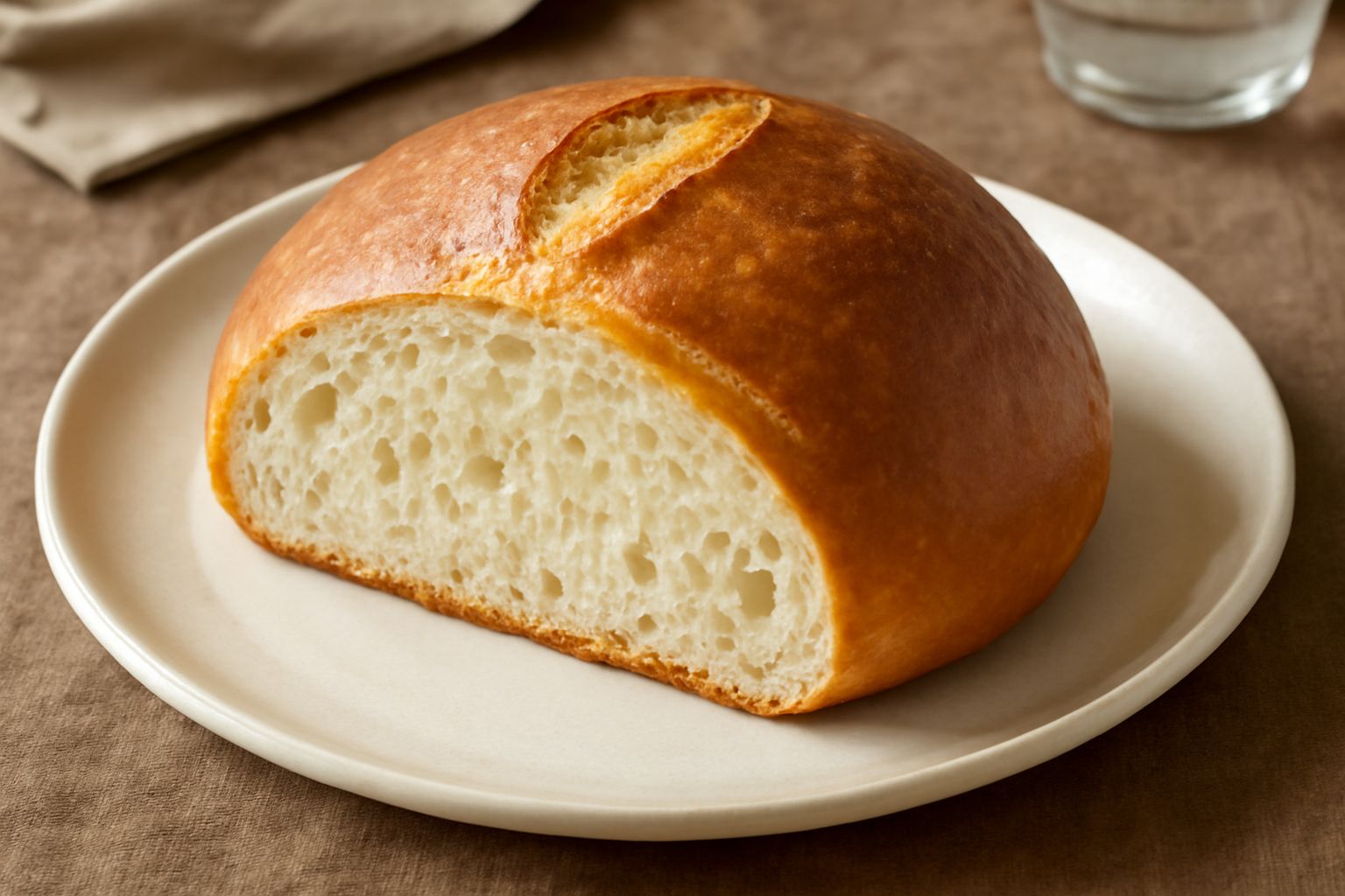 Pane di semola di forma rotonda con crosta gialla-dorata e uniforme, spaccature naturali sulla superficie, affettato a metà mostrando mollica bianca e alveolata, appoggiato su tavolo di legno con chic