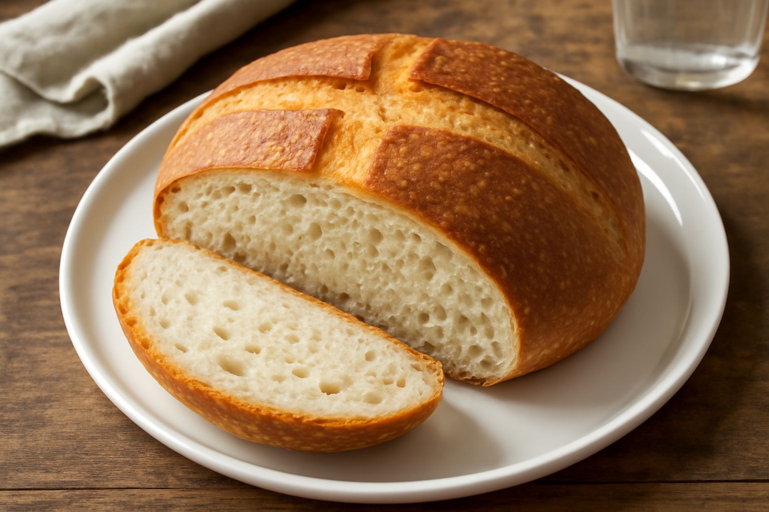 Un pane tondo di colore marrone dorato, crosta rugosa e uniforme, tagliato a fette su una tavola di legno, miglior a pagnotta intera al fianco, in luce naturale
