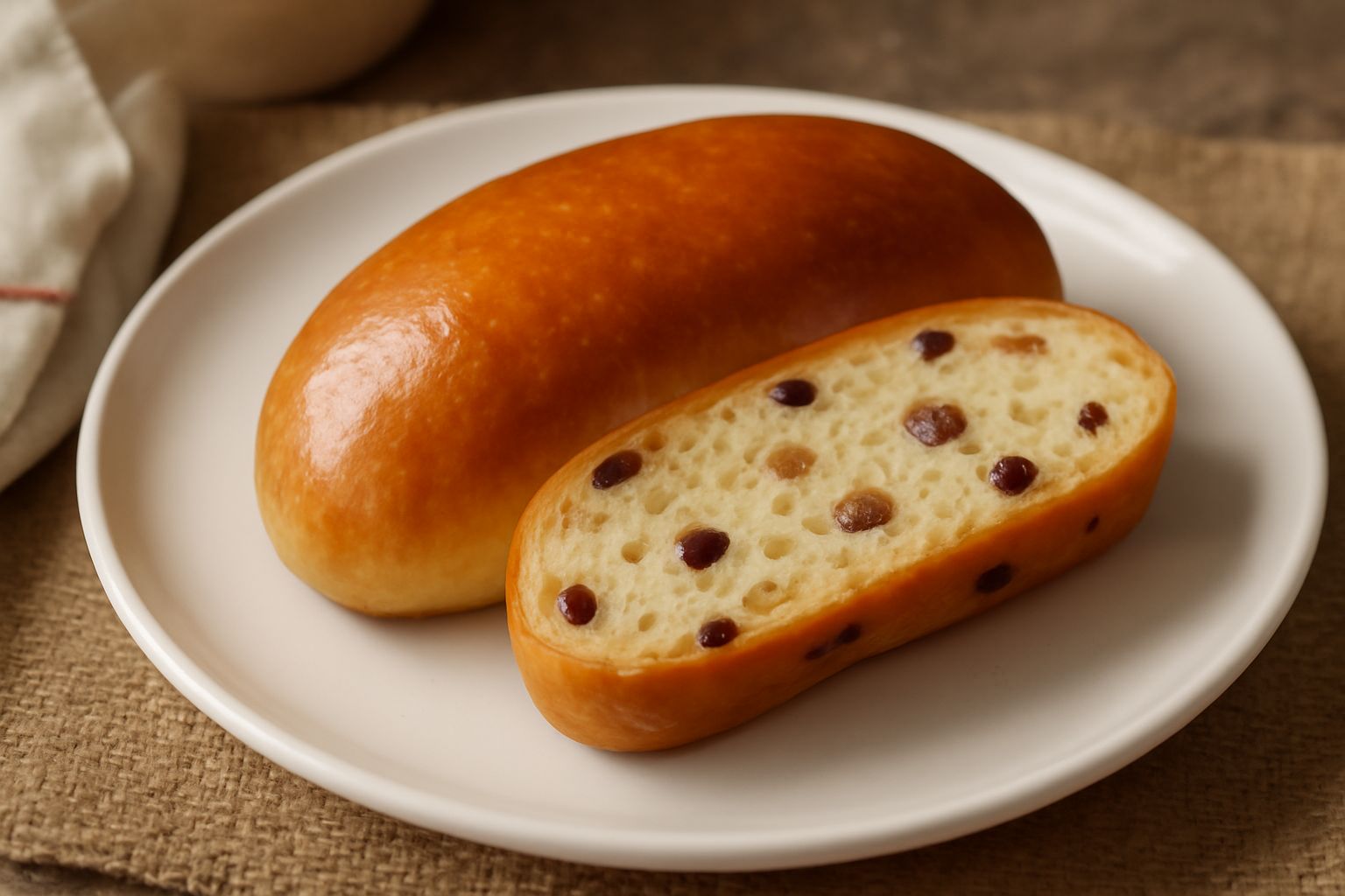 Pane de sora appena sfornato, di forma ovale e dorato, con superficie liscia leggermente lucida, affettato per mostrare l'interno soffice con frutti secchi, servito su carta da forno bianca