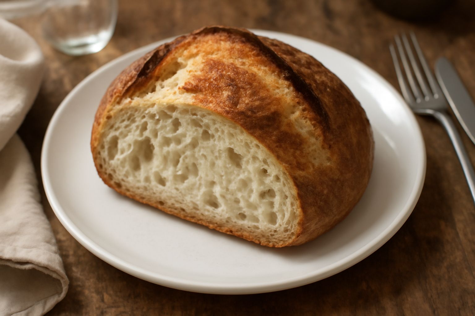 Pane sardu appena sfornato, dal colore dorato e crocchiante, con la caratteristica forma tonda appiattita, spaccatura superiore visibile, posato su tavolo in legno con spighe di grano accanto