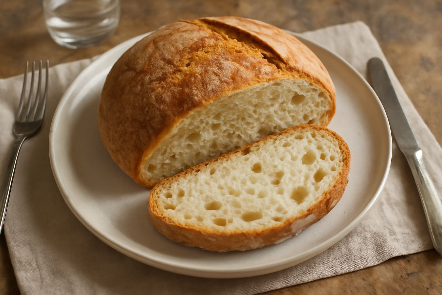 Pane de tziu appena sfornato, con crosta dorata e screpolature naturali, tagliato a metà per mostrare l'interno soffice e alveolato, posato su una tavola di legno rustica