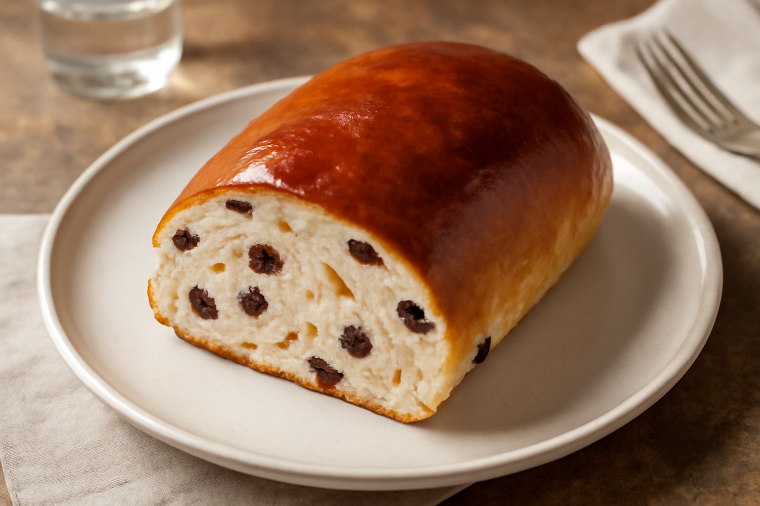 Pane degli sposi appena sfornato, dalla crosta dorata e uniforme, affettato per mostrare l'interno soffice bianco con uvetta scura e pinoli sparsi, su un tagliere di legno con un coltello