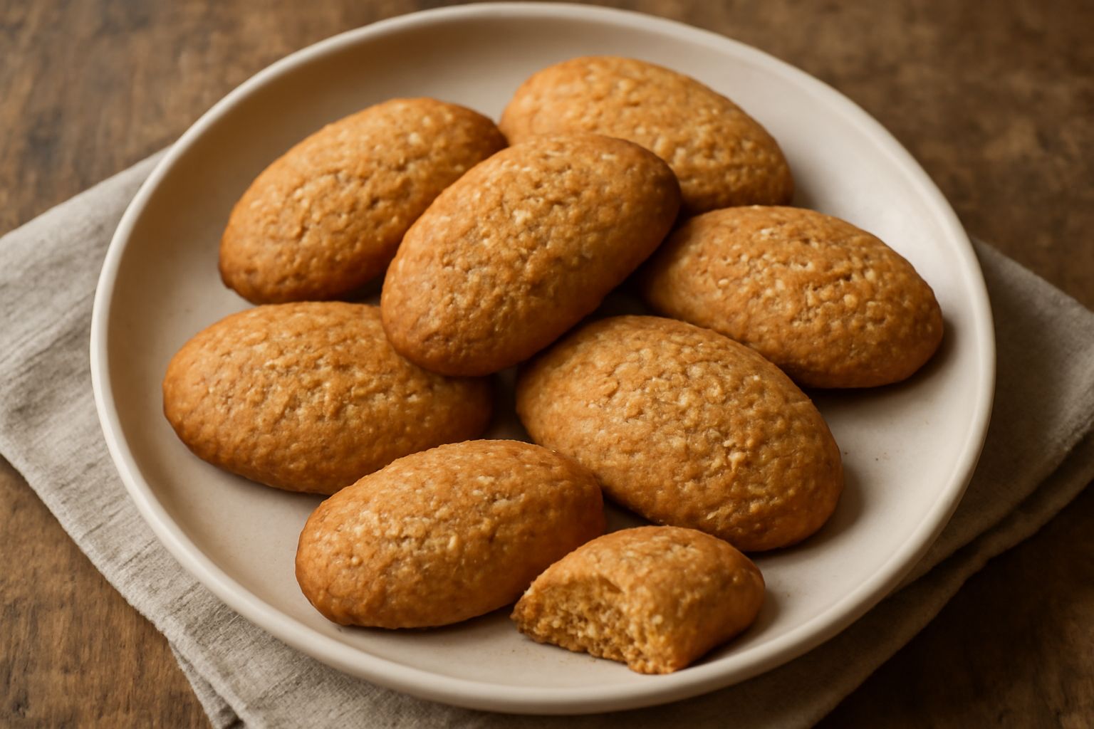 Pane dei morti disposti su un piatto di ceramica bianca, biscotti ovali e dorati con superficie rugosa e polverosa, guarniti da mandorle intere, sfondo sfumato grigio con foglia secca