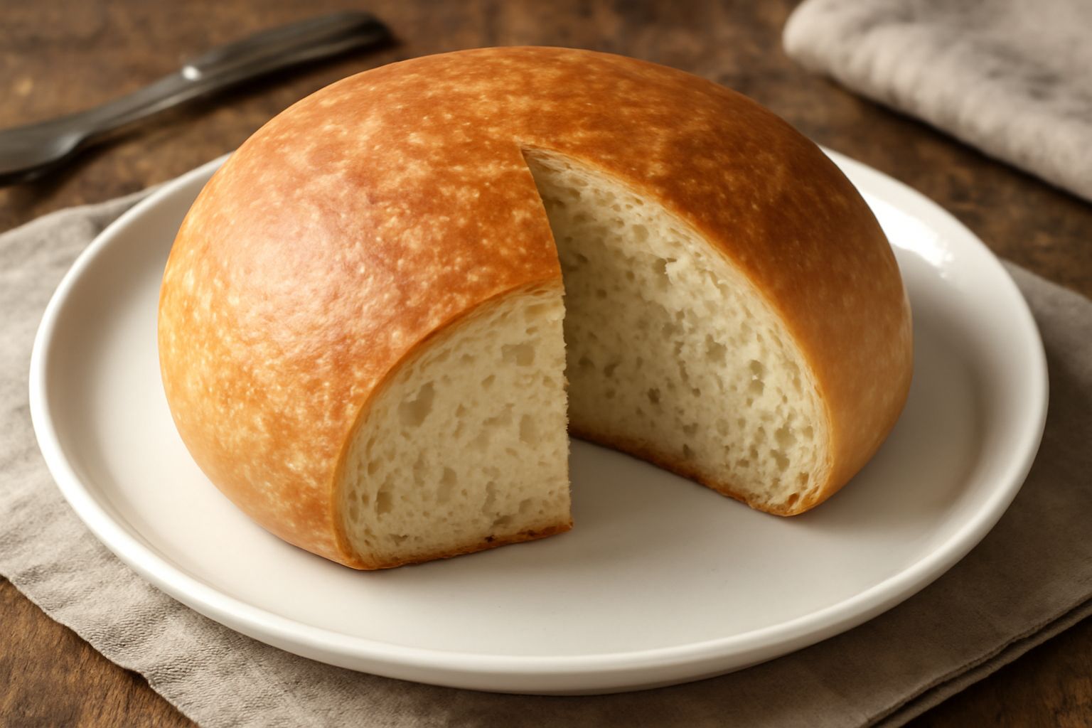 Pane del Garda intero e affettato su tavolo di legno, crosta dorata e uniforme, mollica bianca con alveoli regolari, farina bianca sparsa attorno