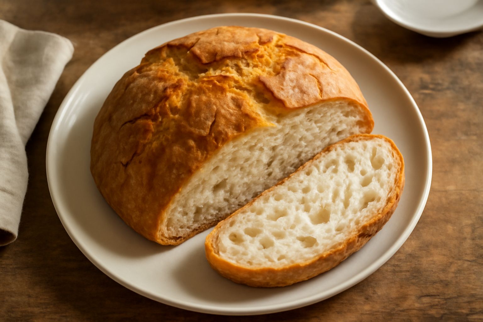 Pane del Grossetano tagliato a fette su tavolo di legno, con crosta dorata e screpolata, interno bianco-crema con alveoli irregolari, accanto un coltello da pane e chicchi di grano