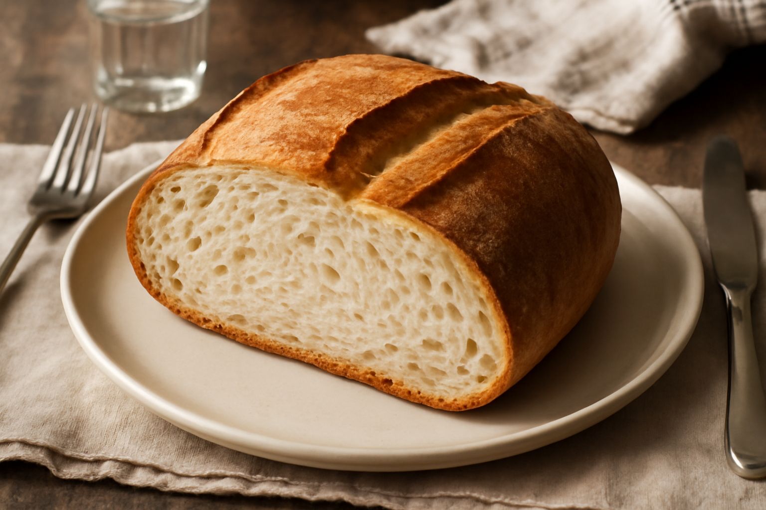 Pane della bassa bresciana con crosta marrone scuro croccante, tagliato a metà su un tavolo di legno, che mostra la mollica bianca e uniforme all'interno, accanto a una tela bianca di lino