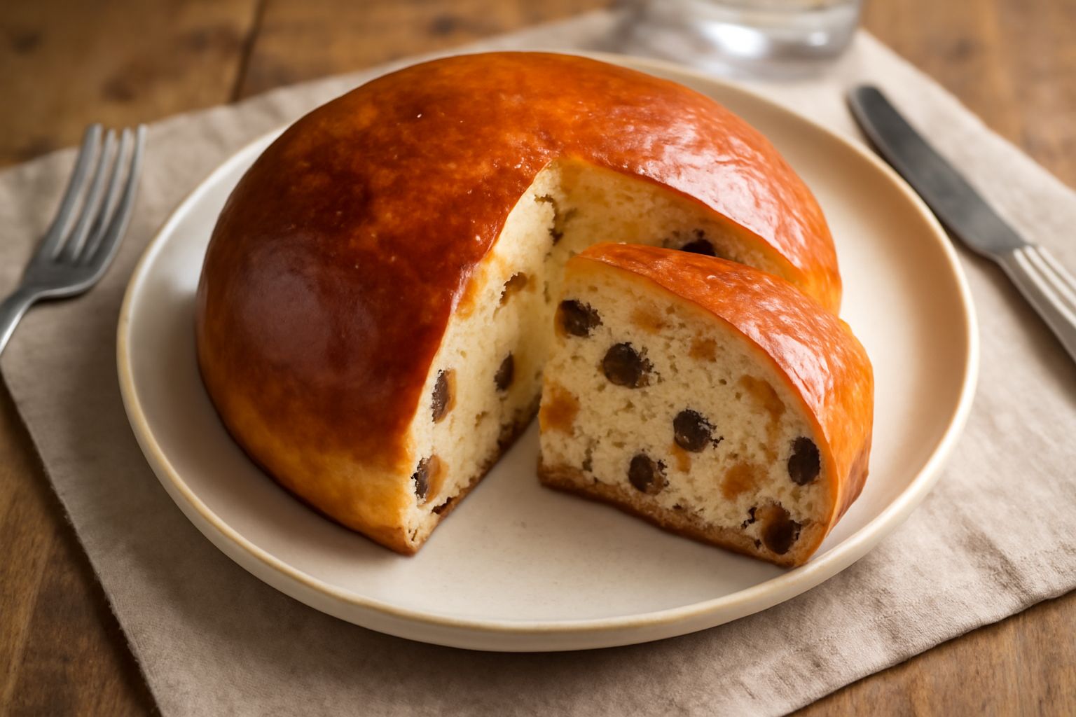 Pane della festa sfornato, di forma tonda o ovale, con crosta dorata e lucida, tagliato in due fette che mostrano la miga soffice con uvetta e frutta candita ben distribuite, appoggiato su un canovacc