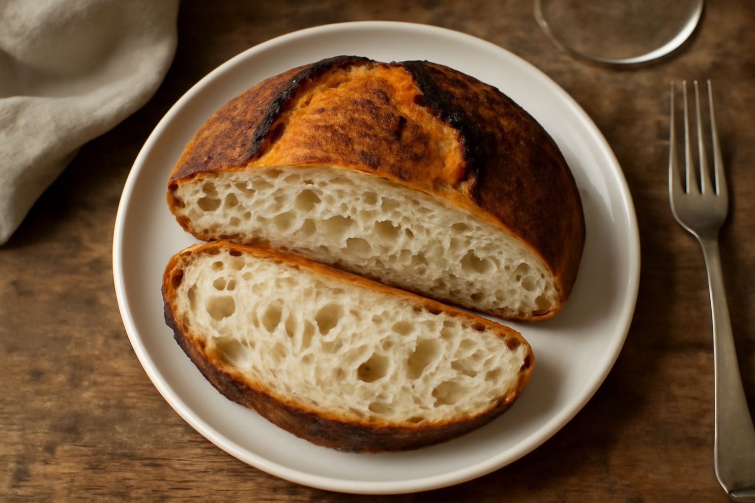 Pane della Franciacorta intero e affettato su tavolo di legno, con crosta dorata e scura, mollica bianca con buchi irregolari visibili in sezione, accanto a spighe di grano