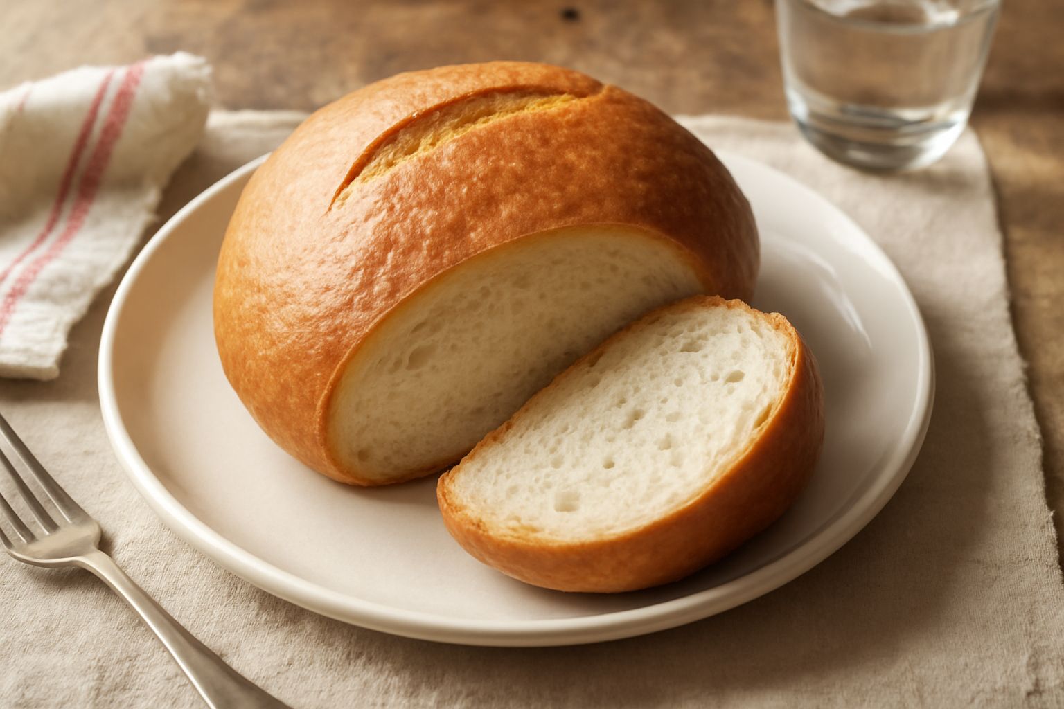 Pane rotondo con crosta dorata e uniforme, tagliato a metà per mostrare la mollica bianca e soffice all'interno, appoggiato su una tavola di legno con una spiga di grano accanto