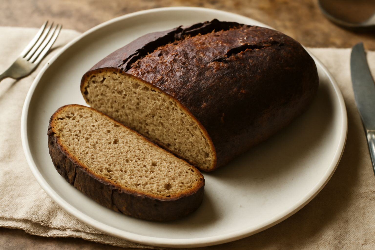 Pane della Val Camonica affettato su tavolo di legno: crosta marrone scura, miga compatta e grigio-gialla, pezzi oblunghi con tagli sulla superficie, accanto spighe di segale e grani di frumento
