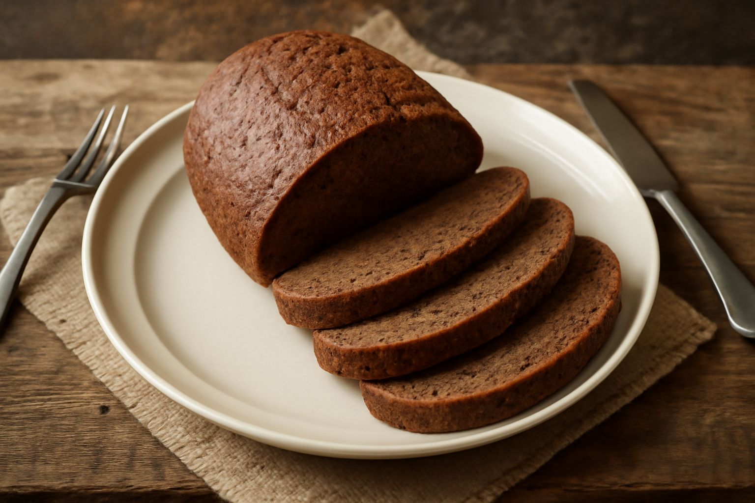 Pane scuro e compatto dalla crosta brunastra e rugosa, affettato in fette spesse, con miga densa e di colore marroncino, poggiato su tavolo di legno con spighe di segale