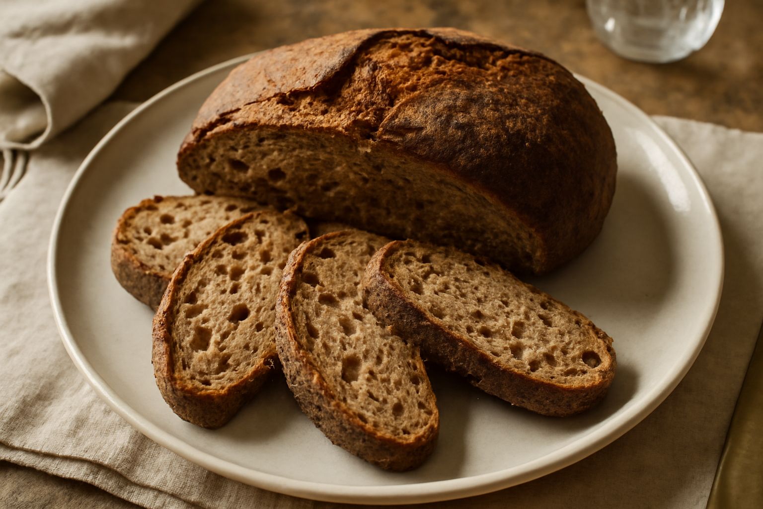 Pane della Val Trompia appena sfornato, tagliato a metà, crosta dorata e scura, interno umido e poroso con venature di colore marrone chiaro, posato su superficie di legno
