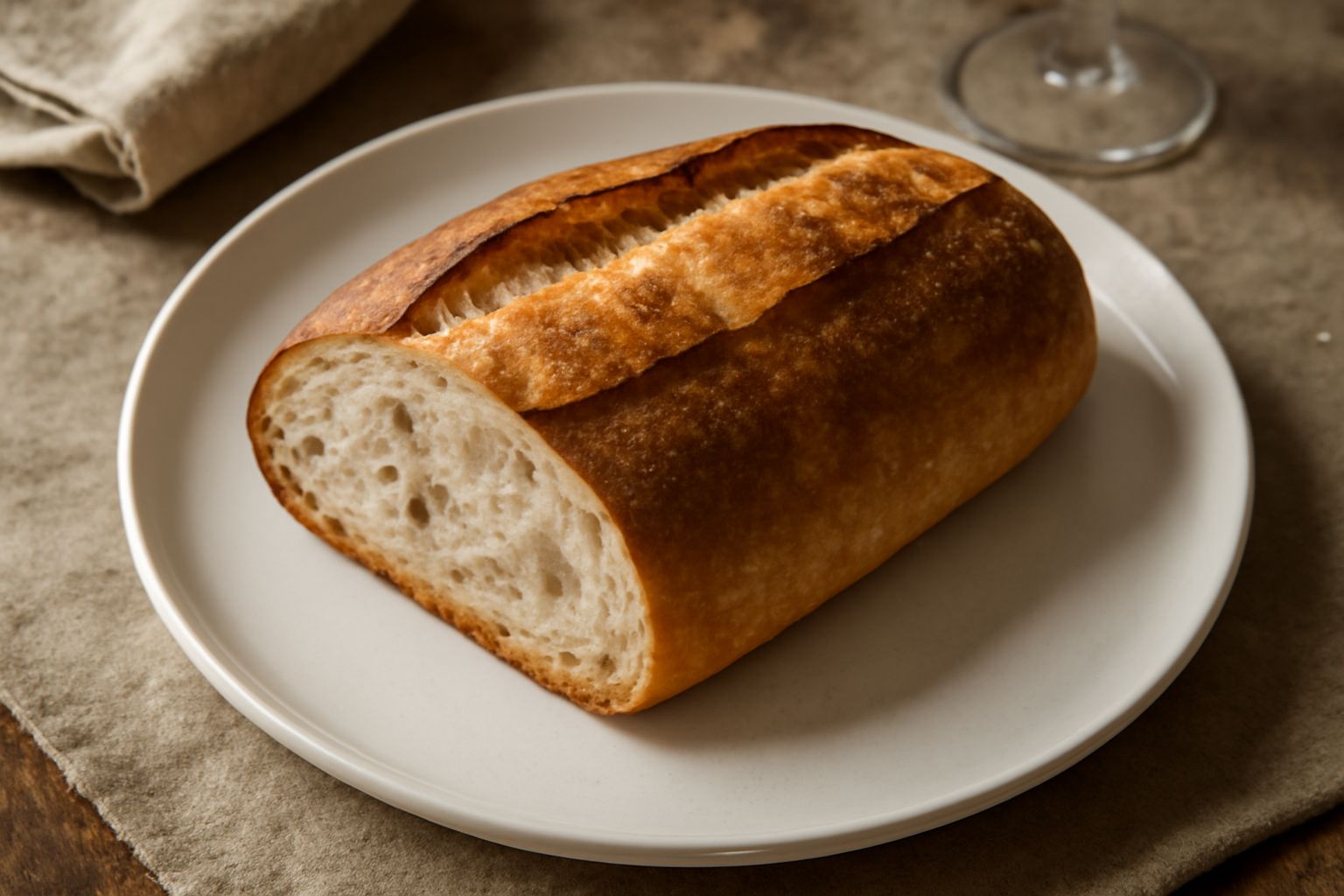 Pane appena sfornato con crosta dorata e uniformemente colorata, tagliato a metà che mostra una mollica bianca e alveolata, posato su un piano di legno con alcuni chicchi di grano sparsi