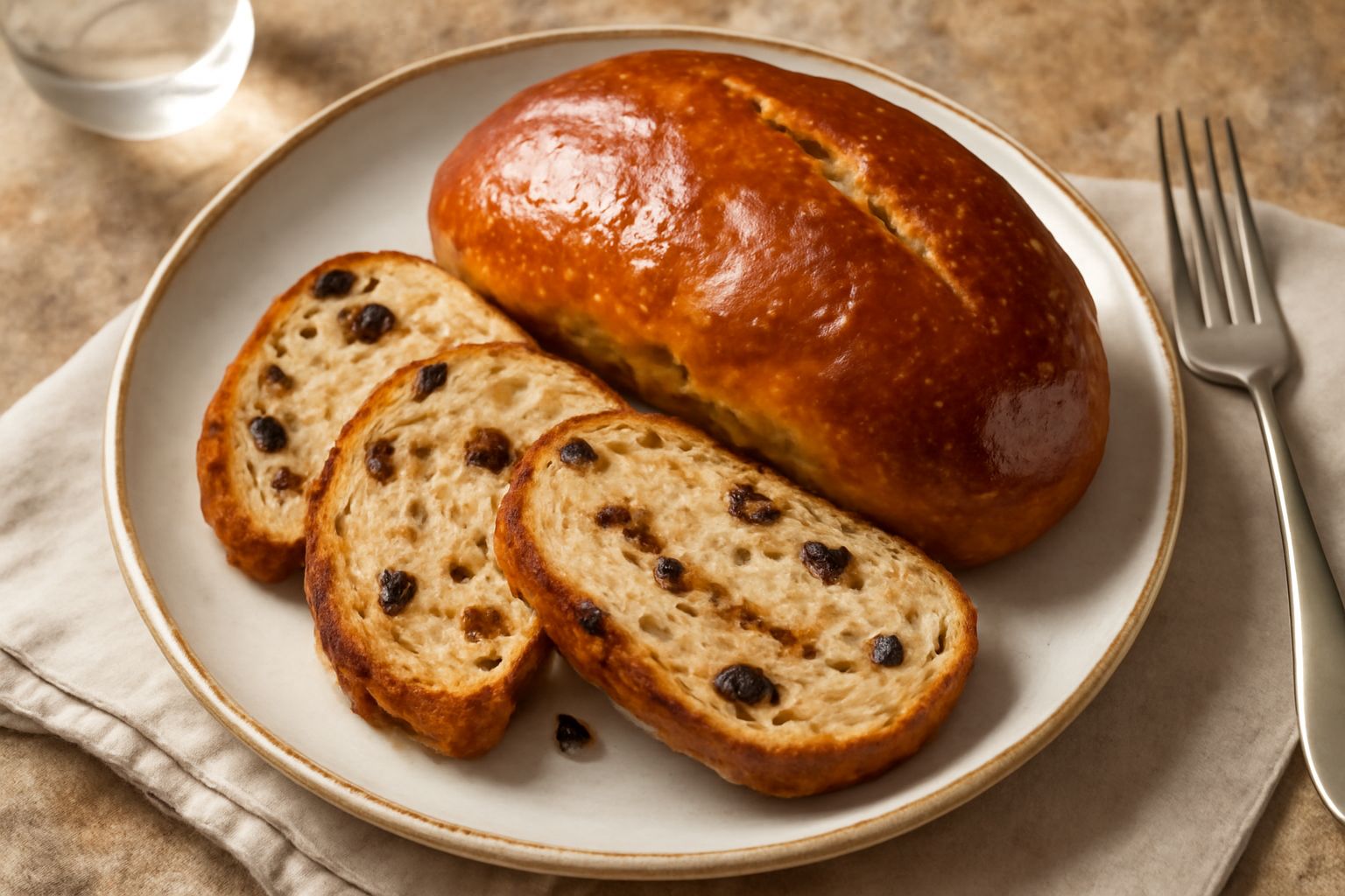 Pane delle feste di forma ovale, crosta dorata lucida, tagliato a fette per mostrare la mollica soffice bianca con uvetta nera e pinoli visibili, servito su tavolo con piatto bianco e coltello in legn