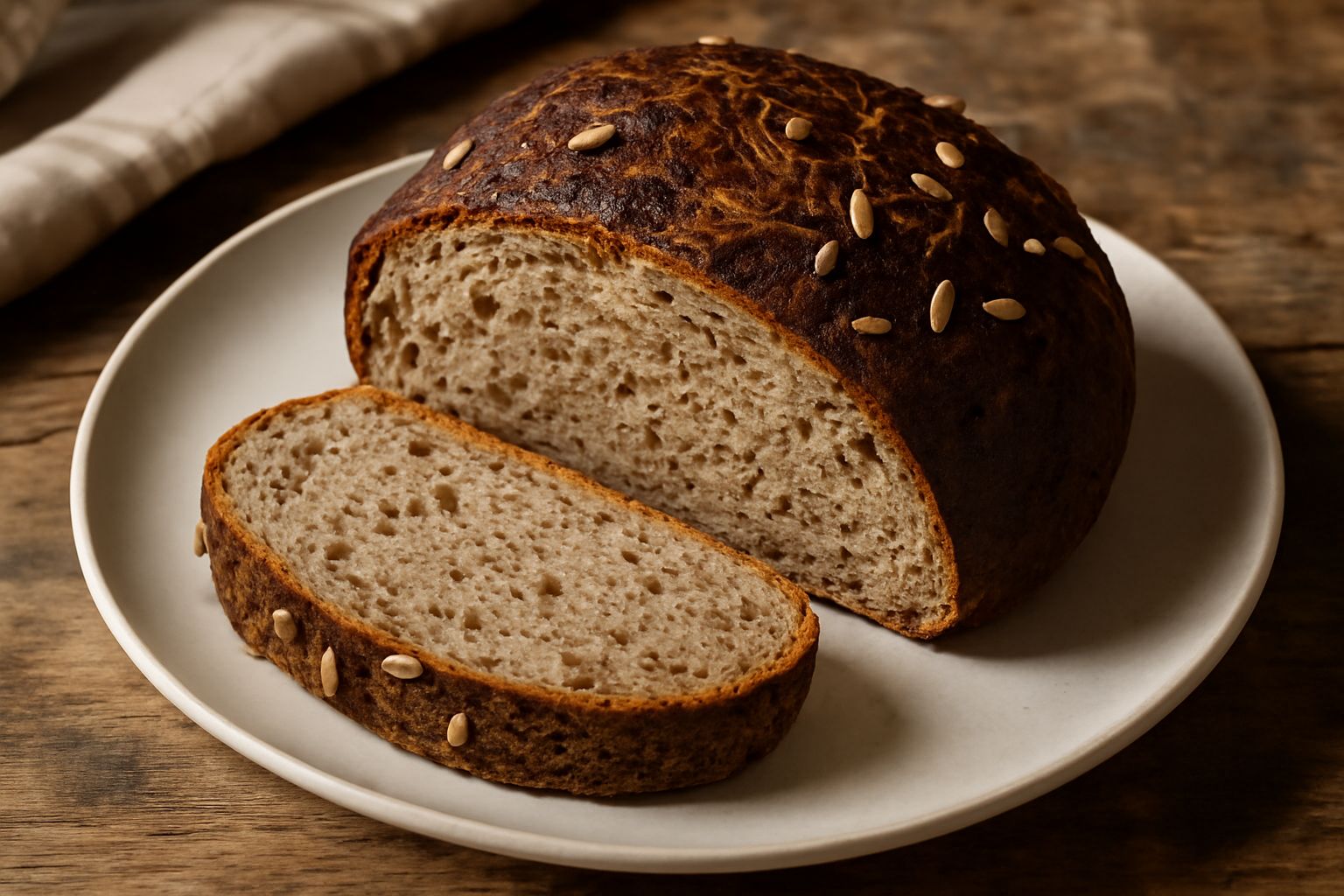 Pagnotta di pane di Acciano tagliata in fette su una tavola di legno, con crosta marrone scuro e screpolata, mollica beige compatta, semi di girasole visibili sulla superficie e in sezione, coltello d