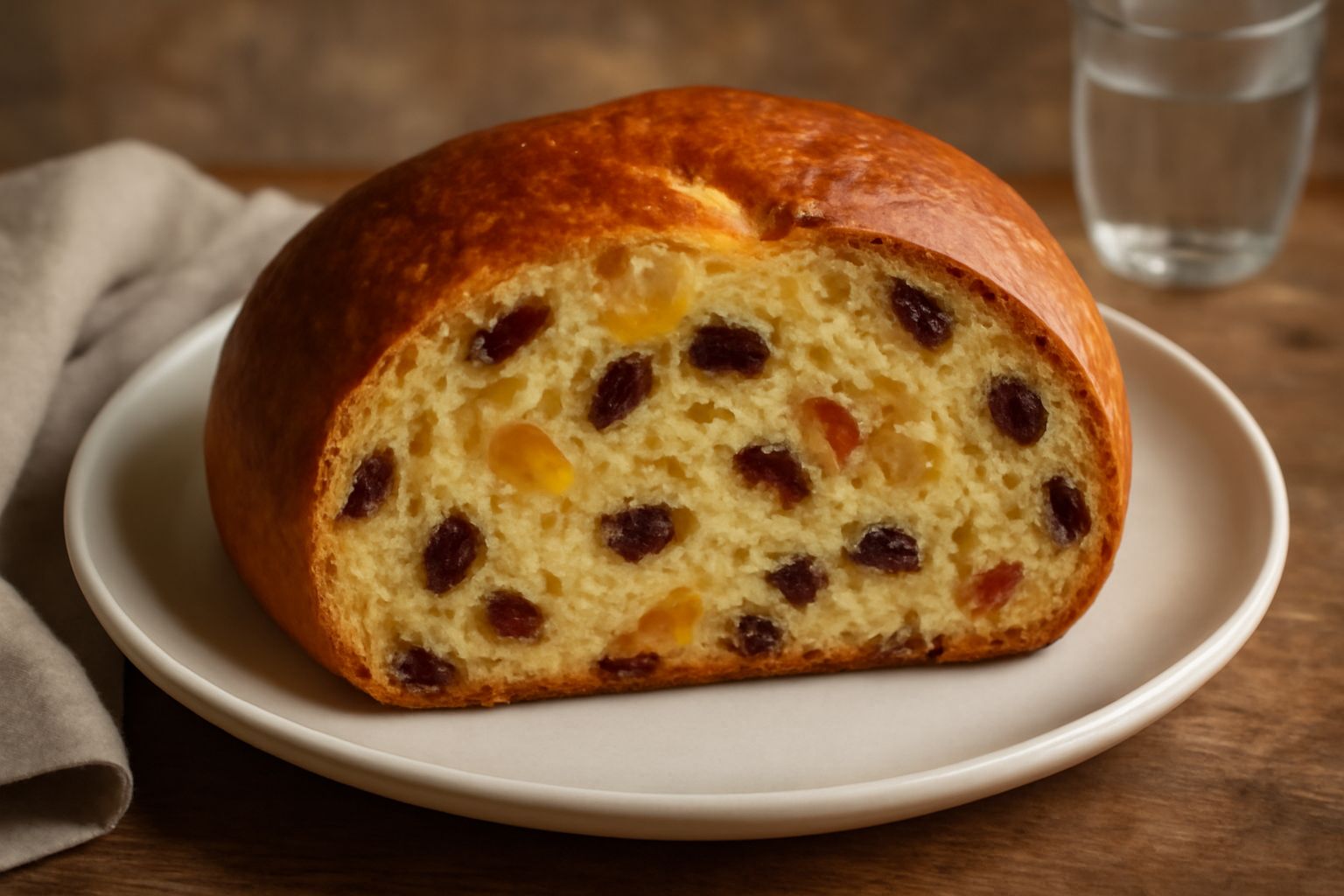 Pane di Alessandria intero e affettato su tavola di legno, crosta dorata, interno soffice con pezzi di uvetta e frutta candita gialla e rossa visibili, fetta leggermente tostata con burro