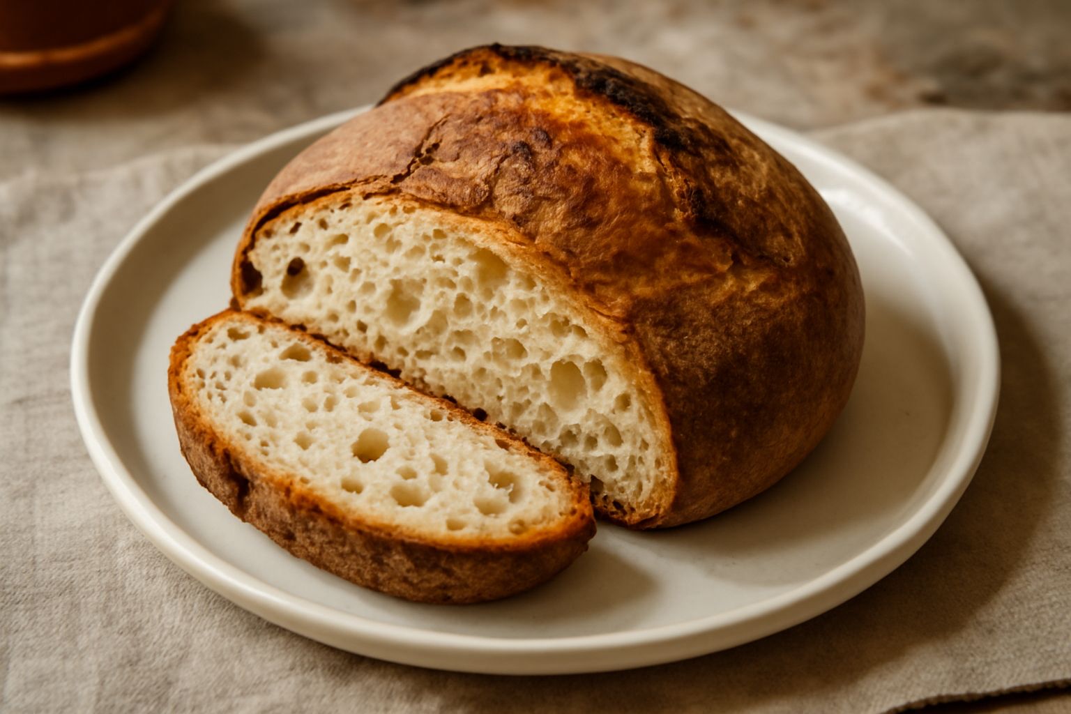 Pane di Altamura tagliato a metà su un tagliere di legno: crosta dorata e screpolata, mollica di colore beige punteggiata di alveoli irregolari