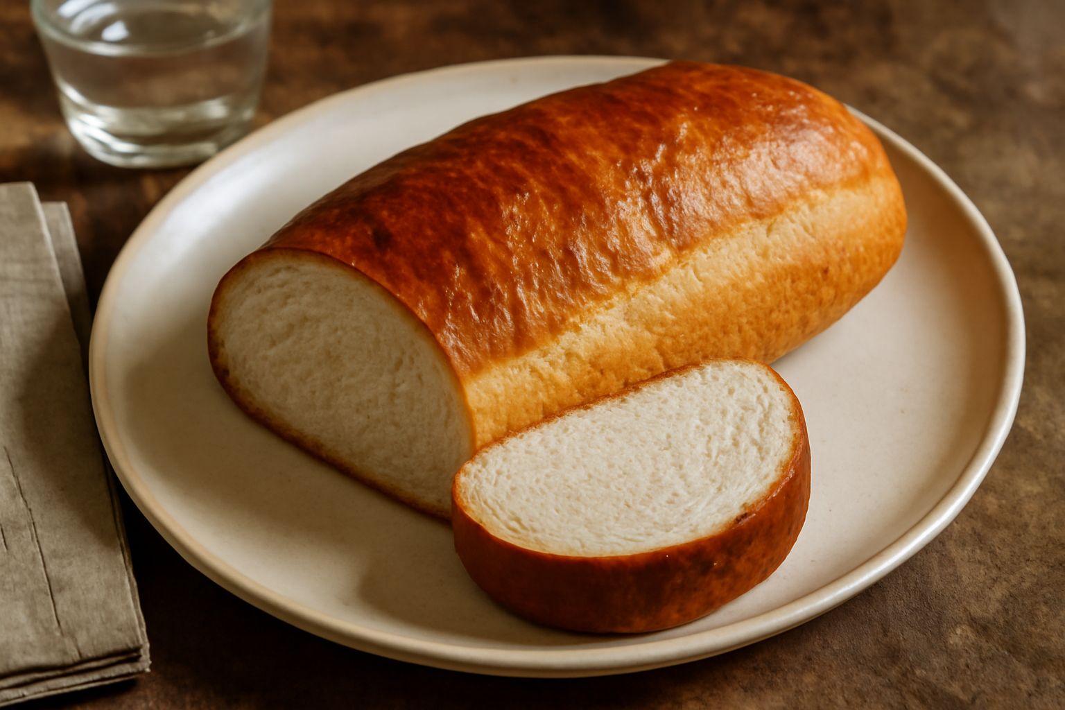 Pane di Altare intero e affettato su tavolo di legno, crosta marrone dorata, miga bianca e soffice, tagliato a fette su un piatto di ceramica bianca