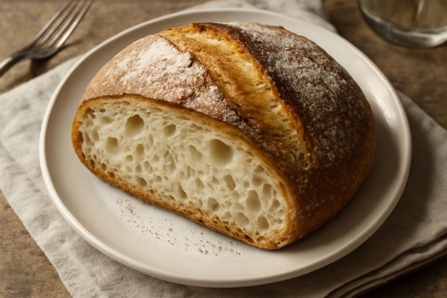 Pane rotondo dalla crosta dorata e screpolata, tagliato a metà per mostrare la mollica bianca e alveolata, posato su una tavola di legno con farina sparsa intorno