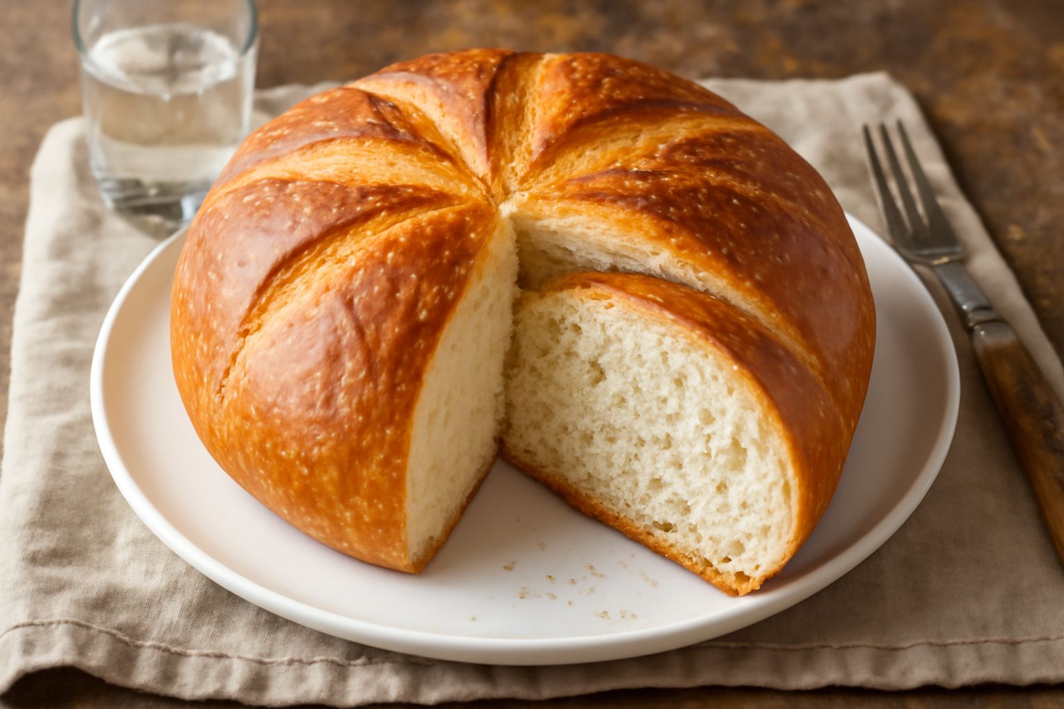 Pane di Altopascio intero e affettato su tavolo di legno, con crosta dorata uniforme e mollica bianca e ariosa, accanto a spighe di grano