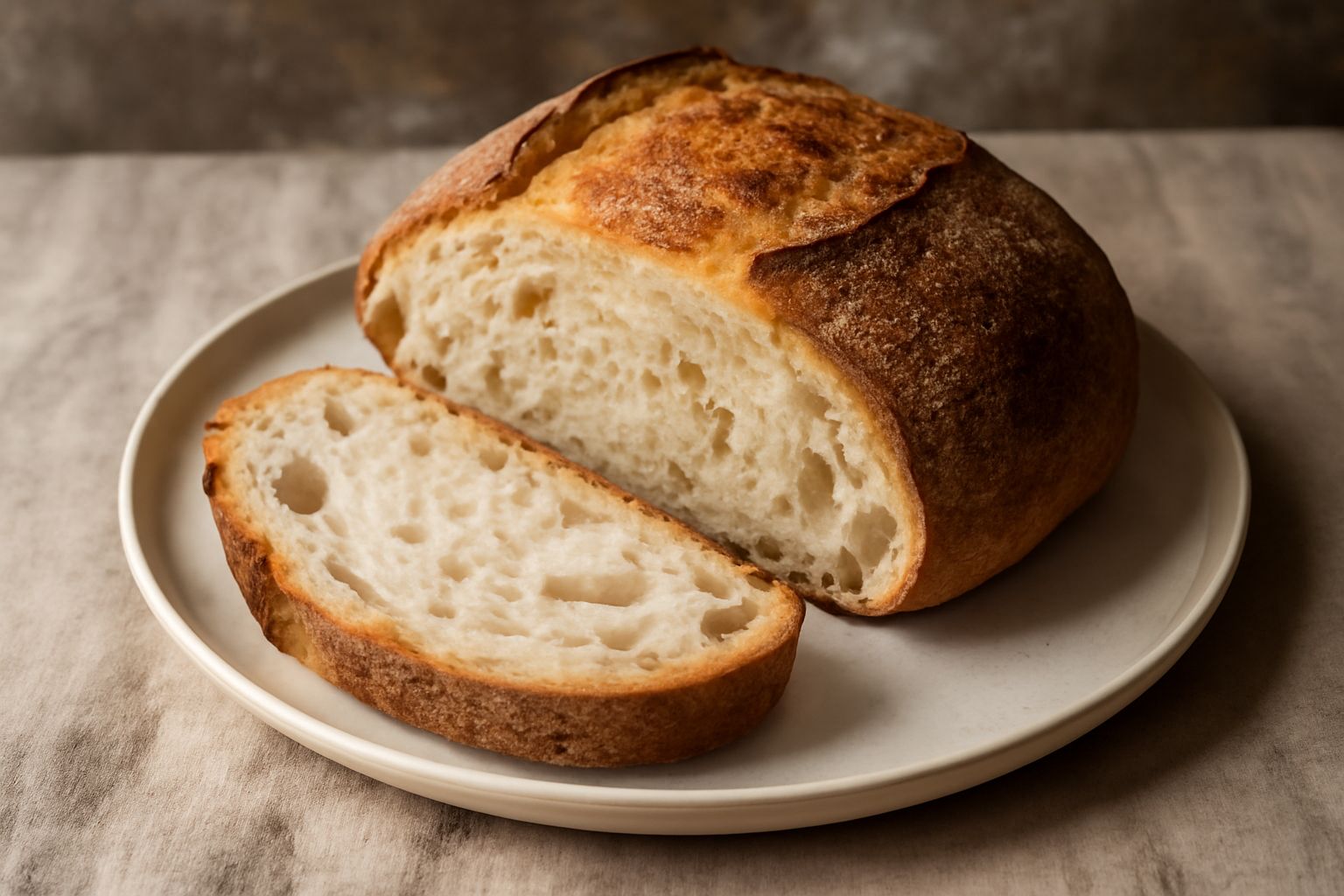 Pane di Amalfi intero con crosta dorata scura e profonde crepe sulla sommità, poggiato su tela di lino bianca, tagliato a fette con mollica color panna visibile, in luce naturale mattutina