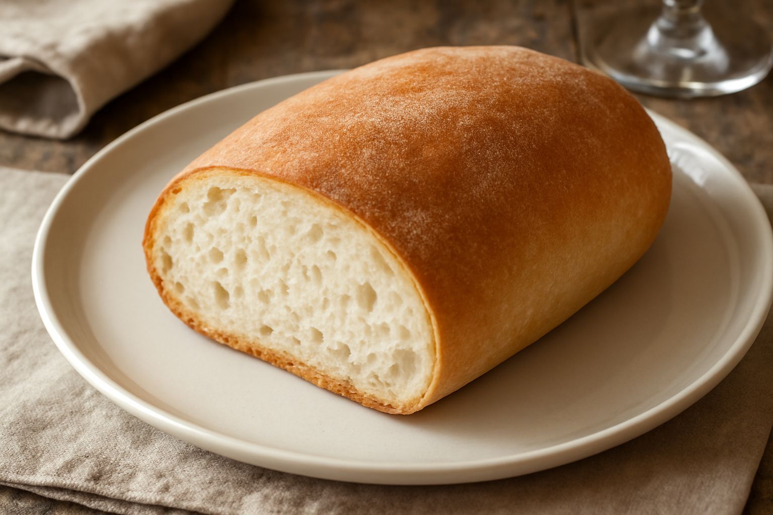 Pane di Ancona intero e affettato su tavolo di legno, crosta marrone chiara croccante, interno bianco con alveoli regolari, farina leggera sulla superficie