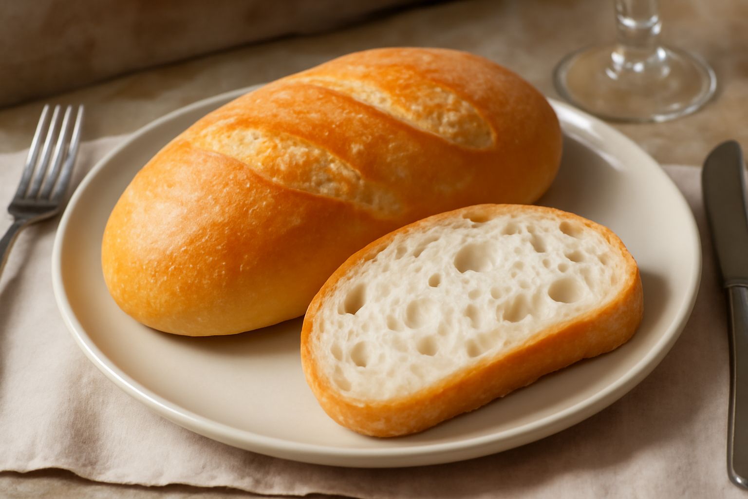 Pane di Ascoli intero e tagliato a fette, con crosta dorata sottile, interno bianco e alveolato, posato su un canovaccio di lino beige su tavolo di legno scuro