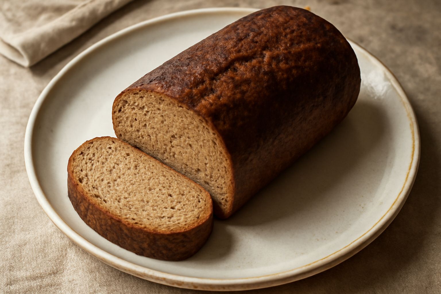Pane di Assergi a fette su un tagliere di legno, colore marrone scuro, mollica compatta e uniforme, crosta rugosa e caramellata
