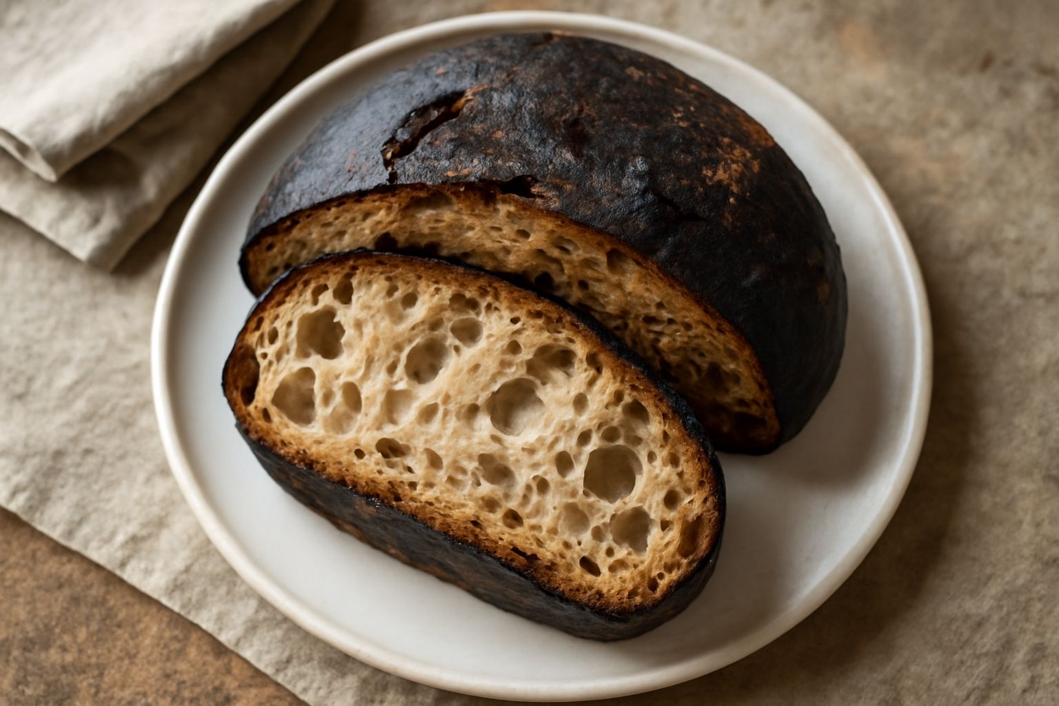 Pane di Barisciano intero tagliato a metà su tavolo di legno, crosta scura e croccante, interno beige chiaro con alveoli irregolari, accanto spighe di grano e un coltello da pane