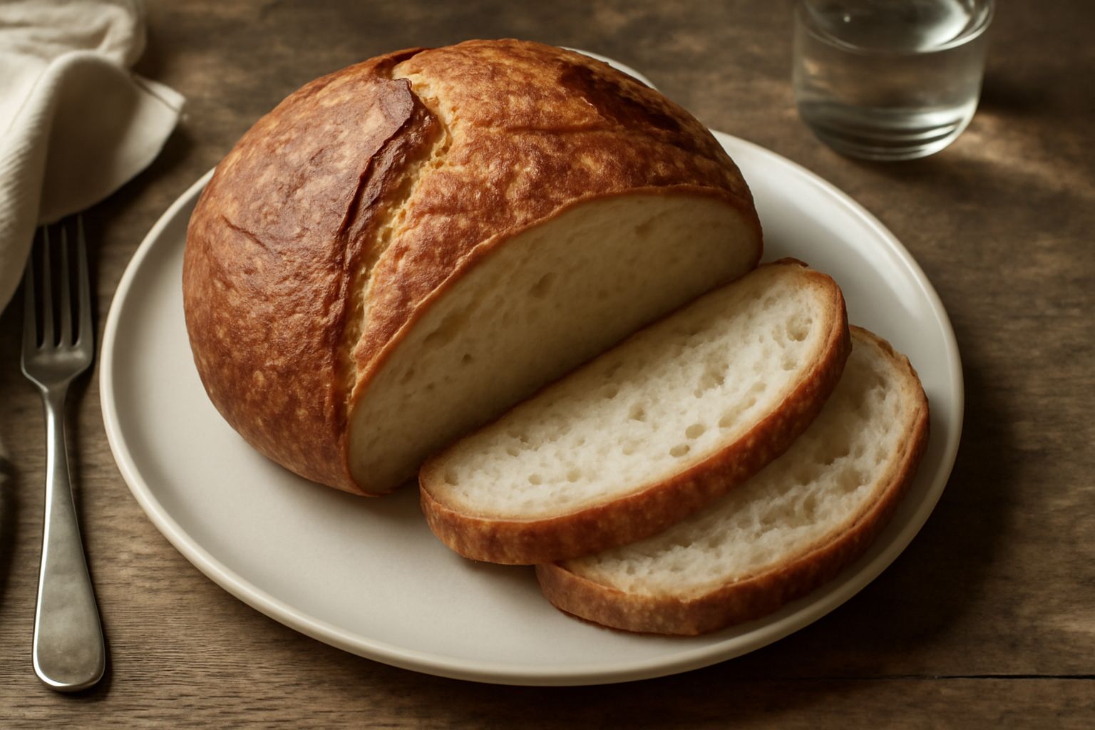 Pane di Benevento intero su tavolo di legno, con crosta dorata e screpolature in superficie, affettato per mostrare la mollica chiara e alveolata