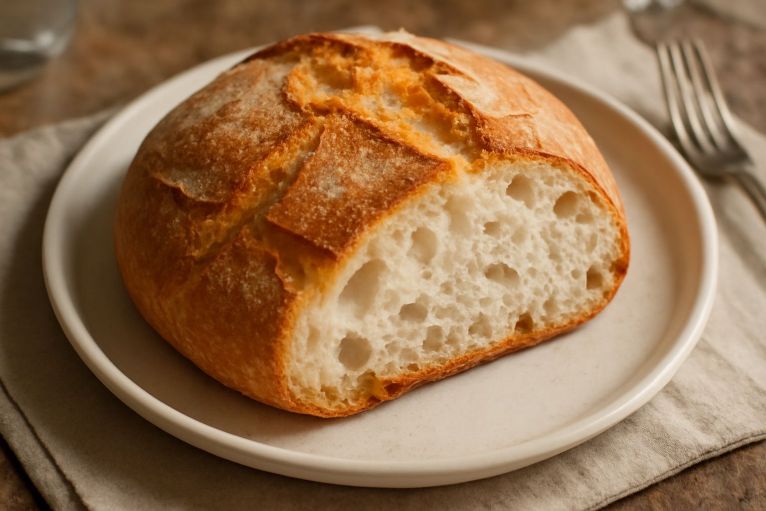 Pane di Bergamo intero e tagliato, con crosta dorata e screpolata, mollica bianca con alveoli regolari, posato su un tavolo di legno con una fetta di burro
