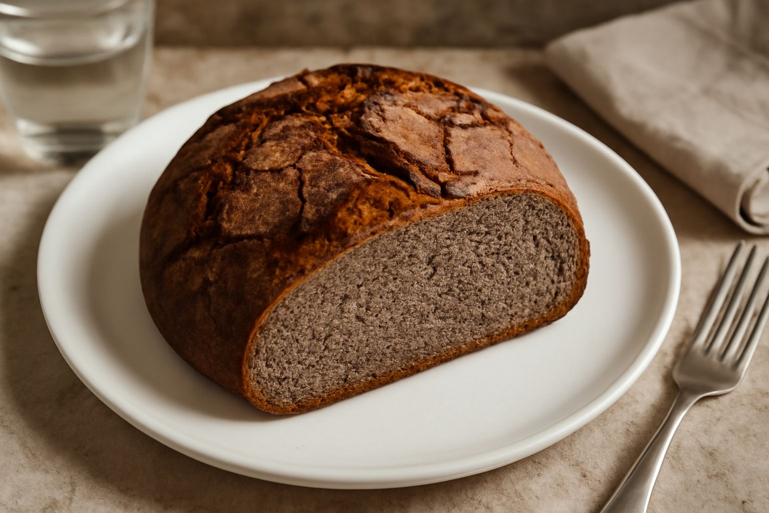 Pane di Bolzano intero appena sfornato su tavolo di legno, crosta dorata e screpolata, taglio orizzontale che mostra mollica fitta marrone-grigiastra, atmosfera di cucina naturale con farina sparsa at