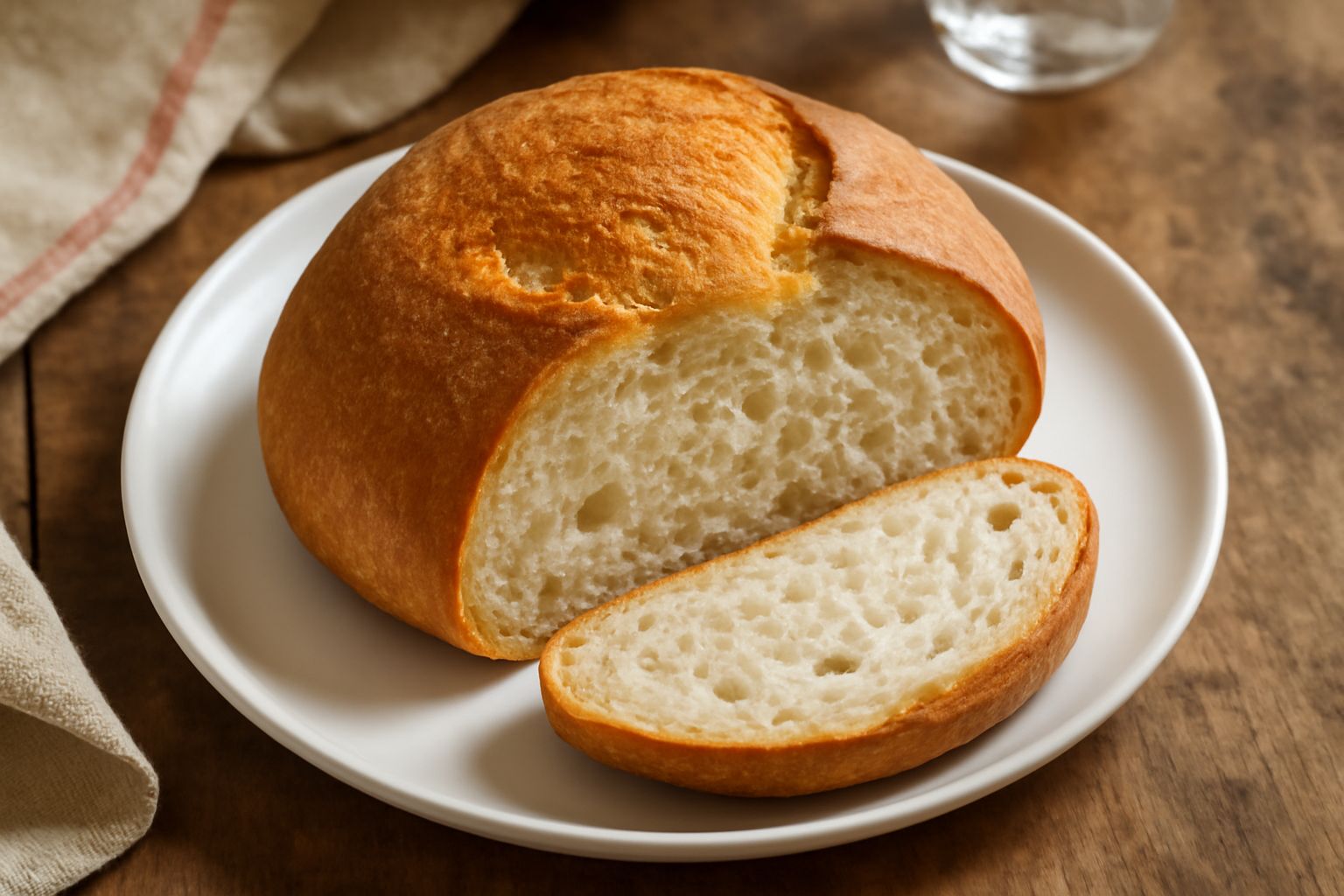 Pane di Campobasso intero e a fette su un tagliere di legno scuro, con crosta dorata uniforme e miga bianca soffice visibile in sezione