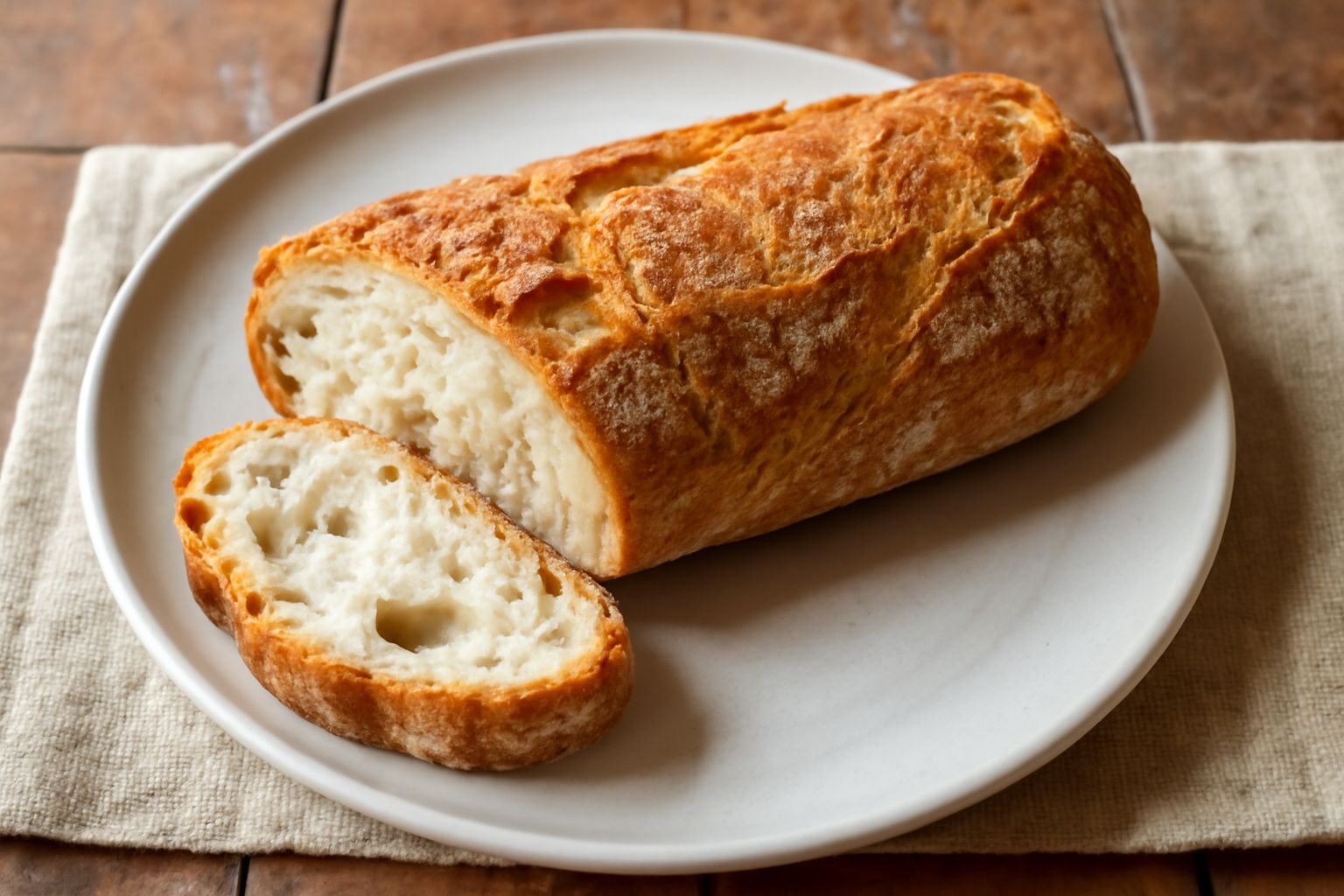 Pane di Caporciano intero e affettato su tavolo di legno, con crosta dorata croccante, miga bianca e porosa, tagliato a fette regolari, con un coltello da pane ai lati