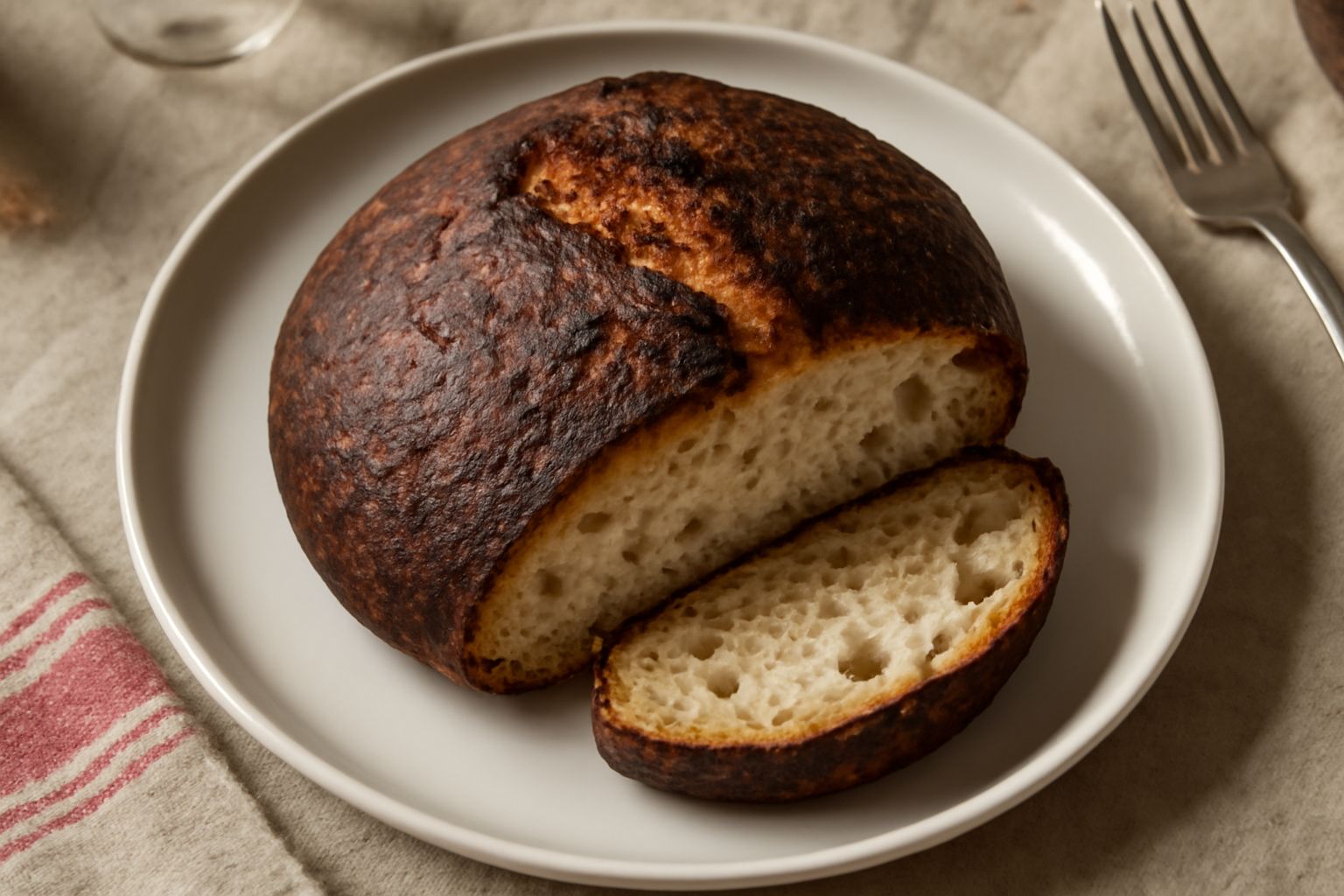 Pane di Catanzaro tondo con crosta marrone scura e croccante, tagliato a metà per mostrare l'interno alveolato color panna chiaro, poggiato su un tavolo di legno con un coltello da pane accanto