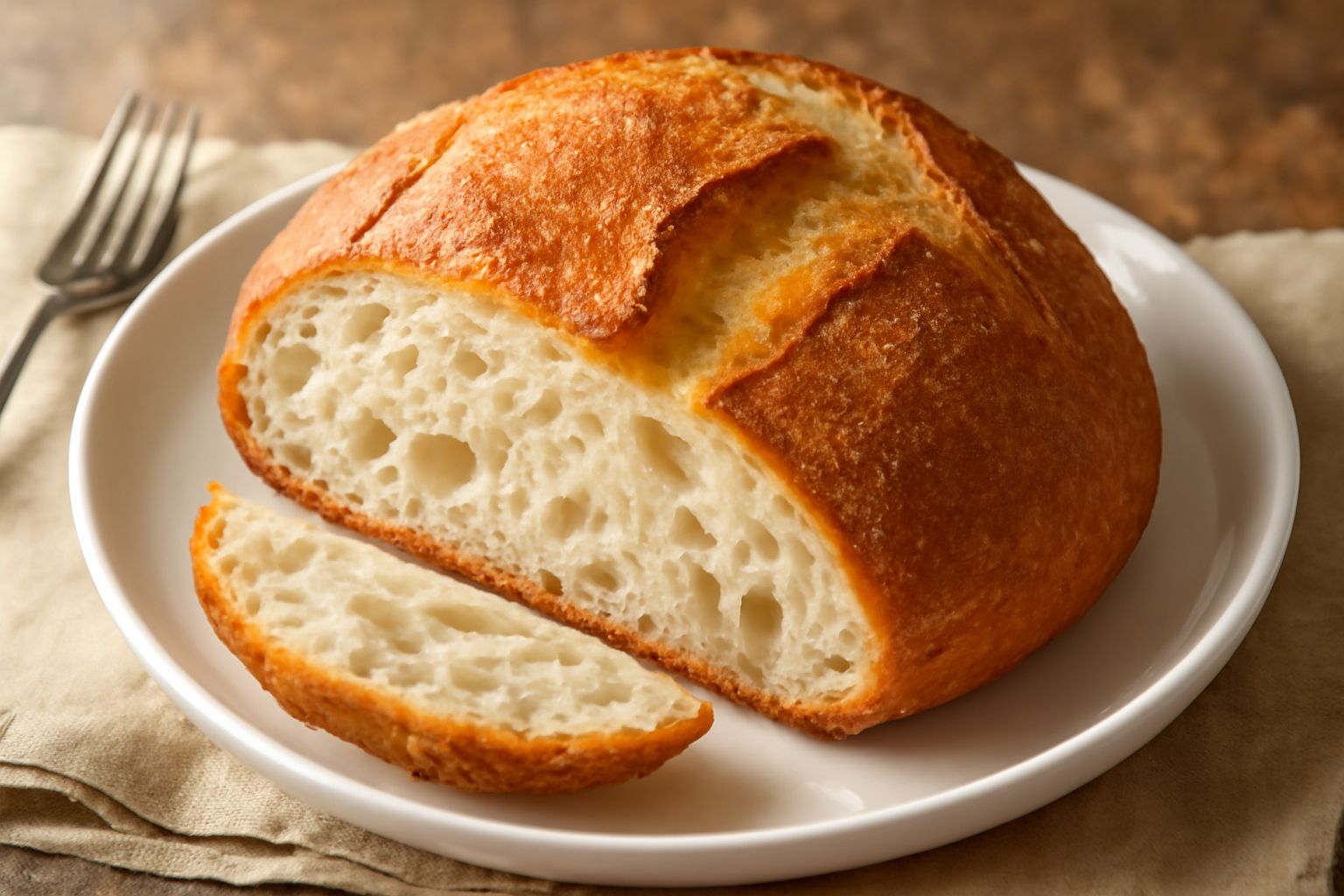 Pagnotta rotonda di pane di Chiari con crosta dorata e screpolature naturali, tagliata a metà per mostrare la mollica bianca e alveolata, su una tavola di legno rustico con uno strofinaccio di lino bi