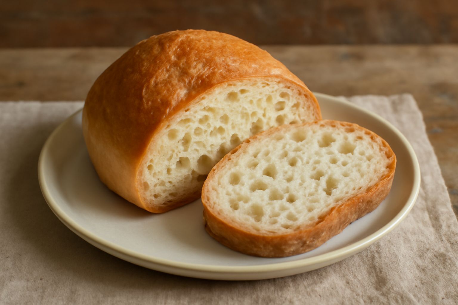 Pane di Chieti affettato in due fette, che mostrano una mollica bianca, soffice e piena di alveoli irregolari, con una crosta sottile e dorata, poggiato su un canovaccio di lino bianco