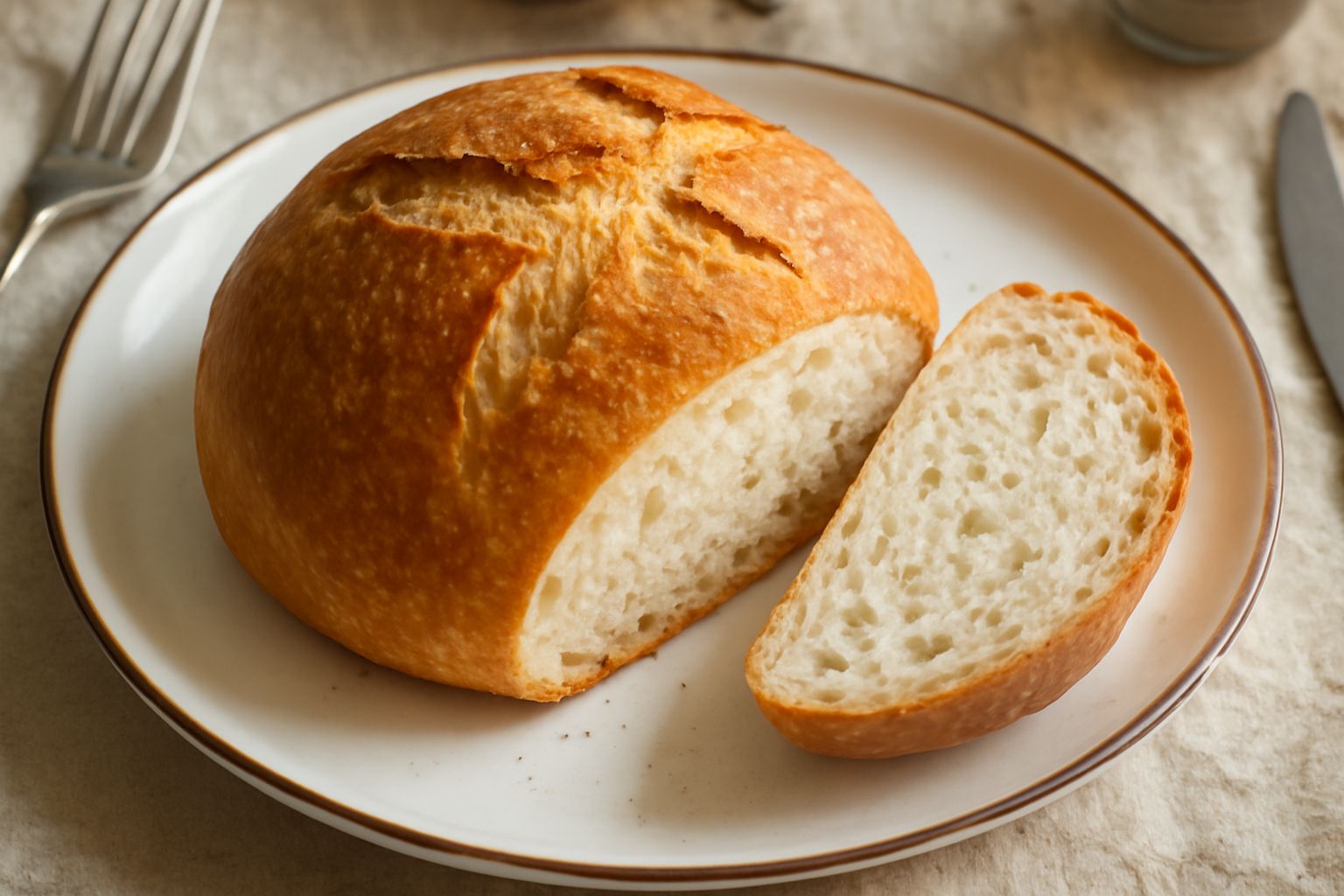 Pane di Como intero e affettato su tavolo di legno: crosta dorata e screpolata, mollica bianca e soffice con piccole alveoli, fette disposte accanto al pane intero